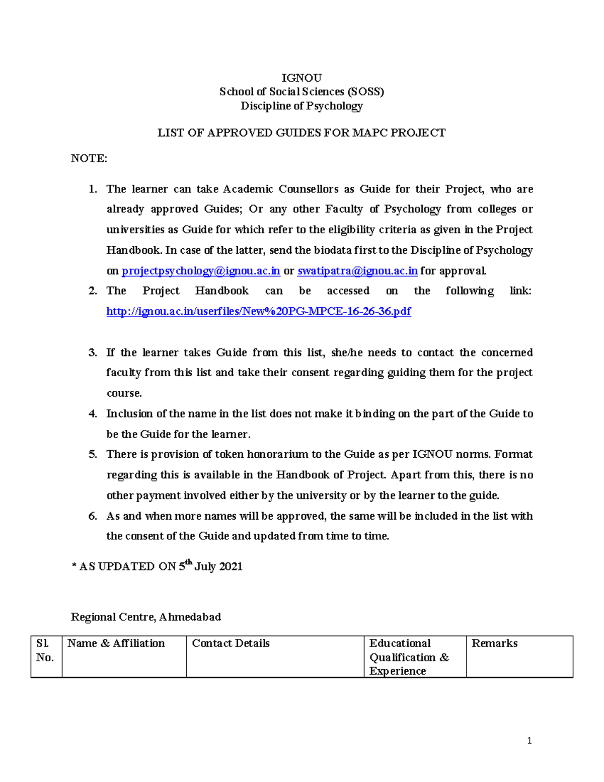 NEW LIST OF Approved Guides-MAPC Project-5 7 2021 - IGNOU School of ...