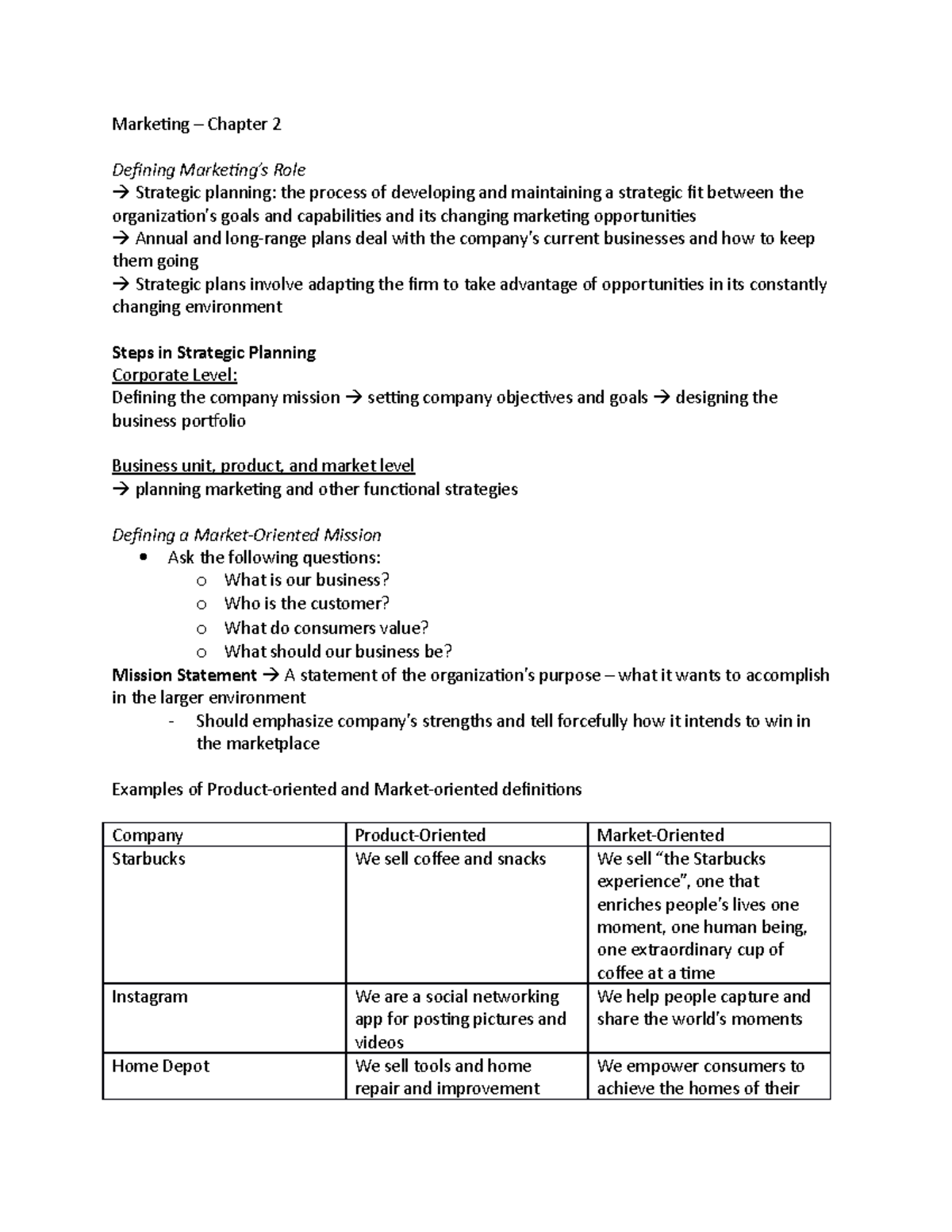 Chapter 2 Notes - Company and Marketing Strategy: Partnering to Build ...