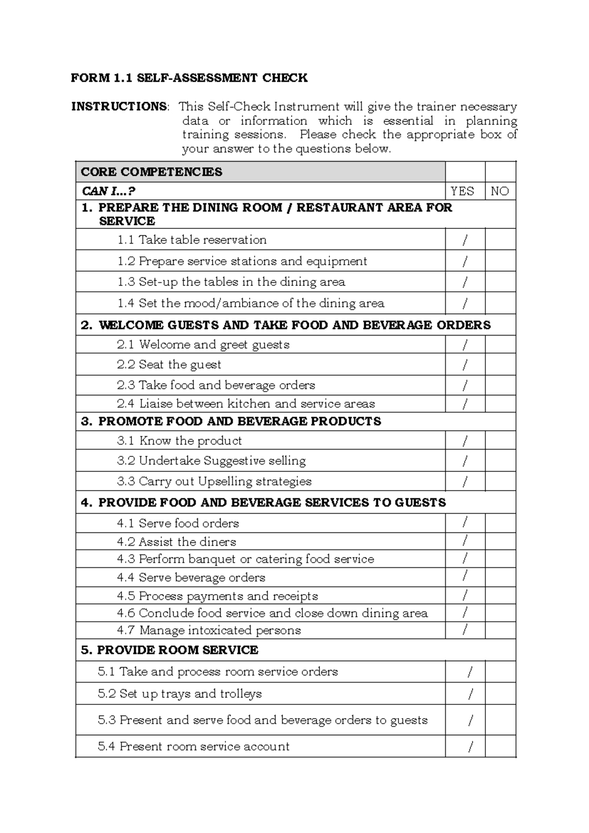 FORM 1.1: Self-Assessment Check for Training Preparation - Studocu