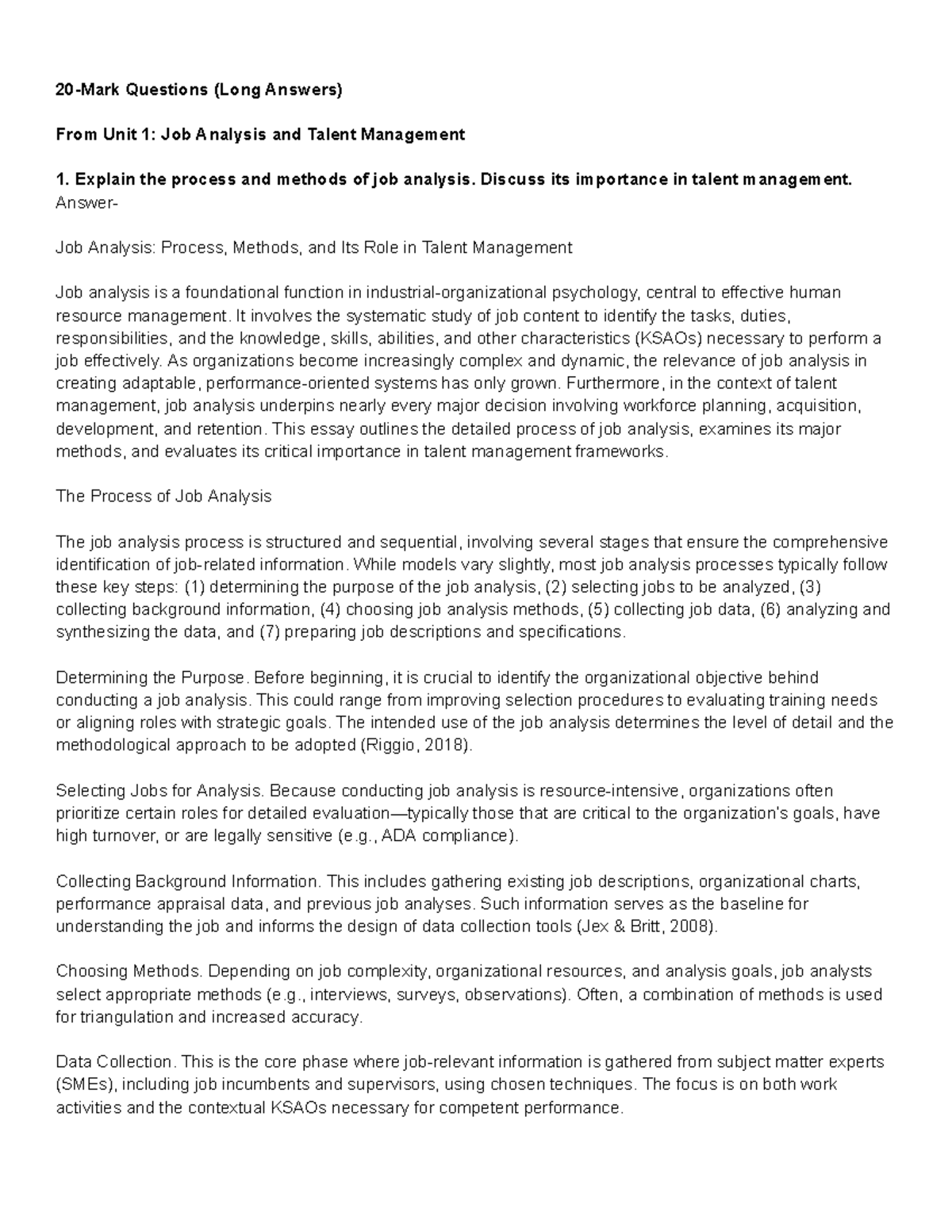 Unit 1: Job Analysis and Talent Management - Long Answer Questions ...