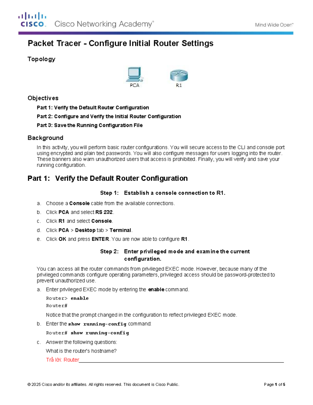 6.4.1.3 Packet Tracer: Initial Router Configuration Guide - Studocu