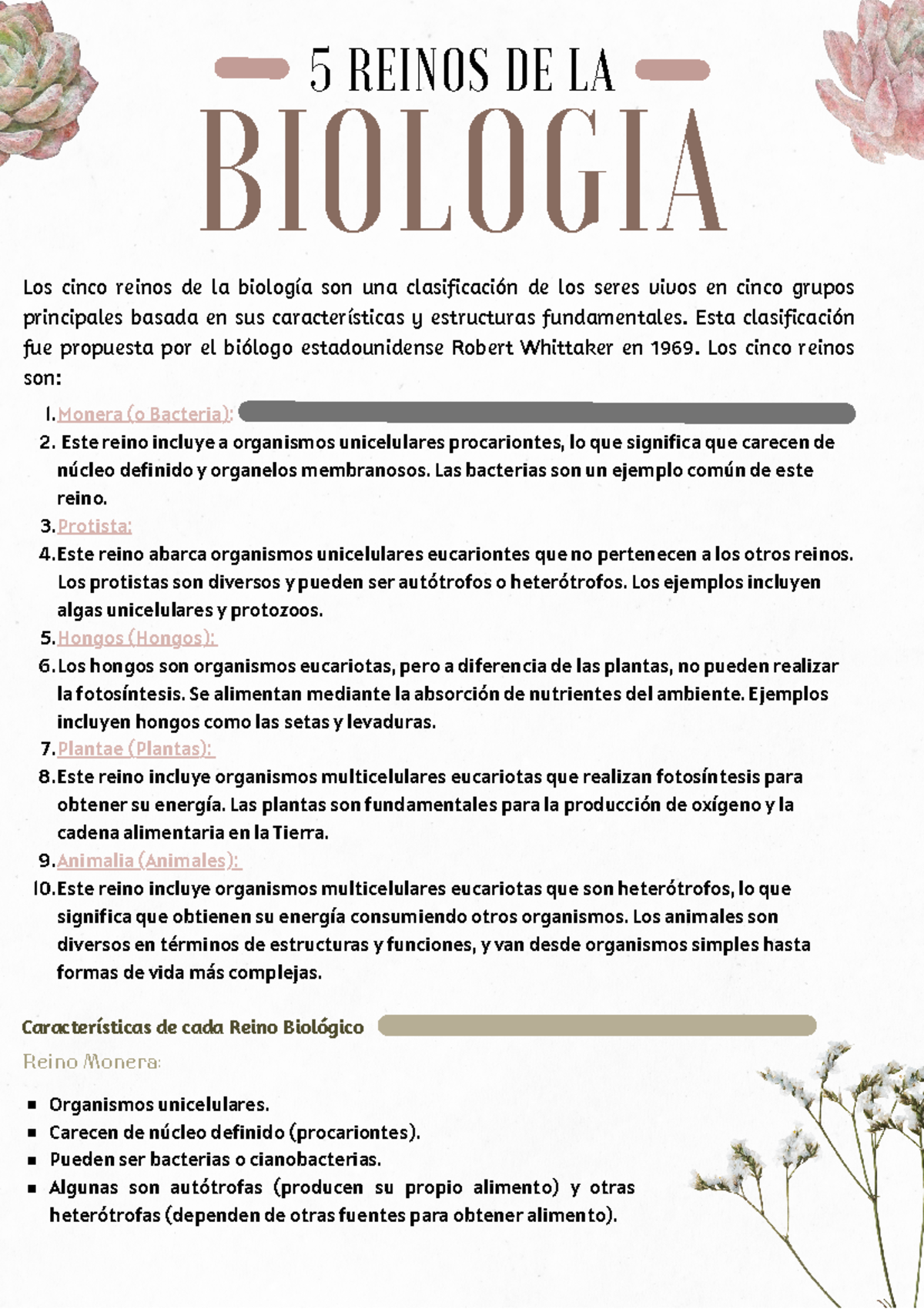 Clasificación de los 5 Reinos de la Biología: Monera, Protista, Fungi,  Plantae, Animalia - Studocu