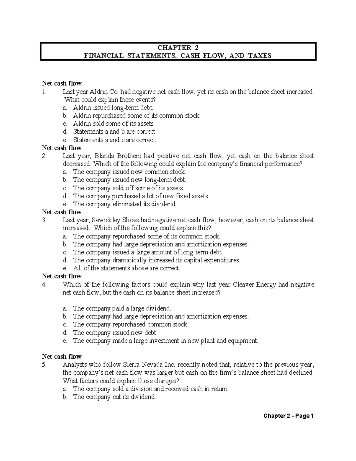 C2 - Chapter 2: Financial Statements, Cash Flow, and Taxes Analysis ...