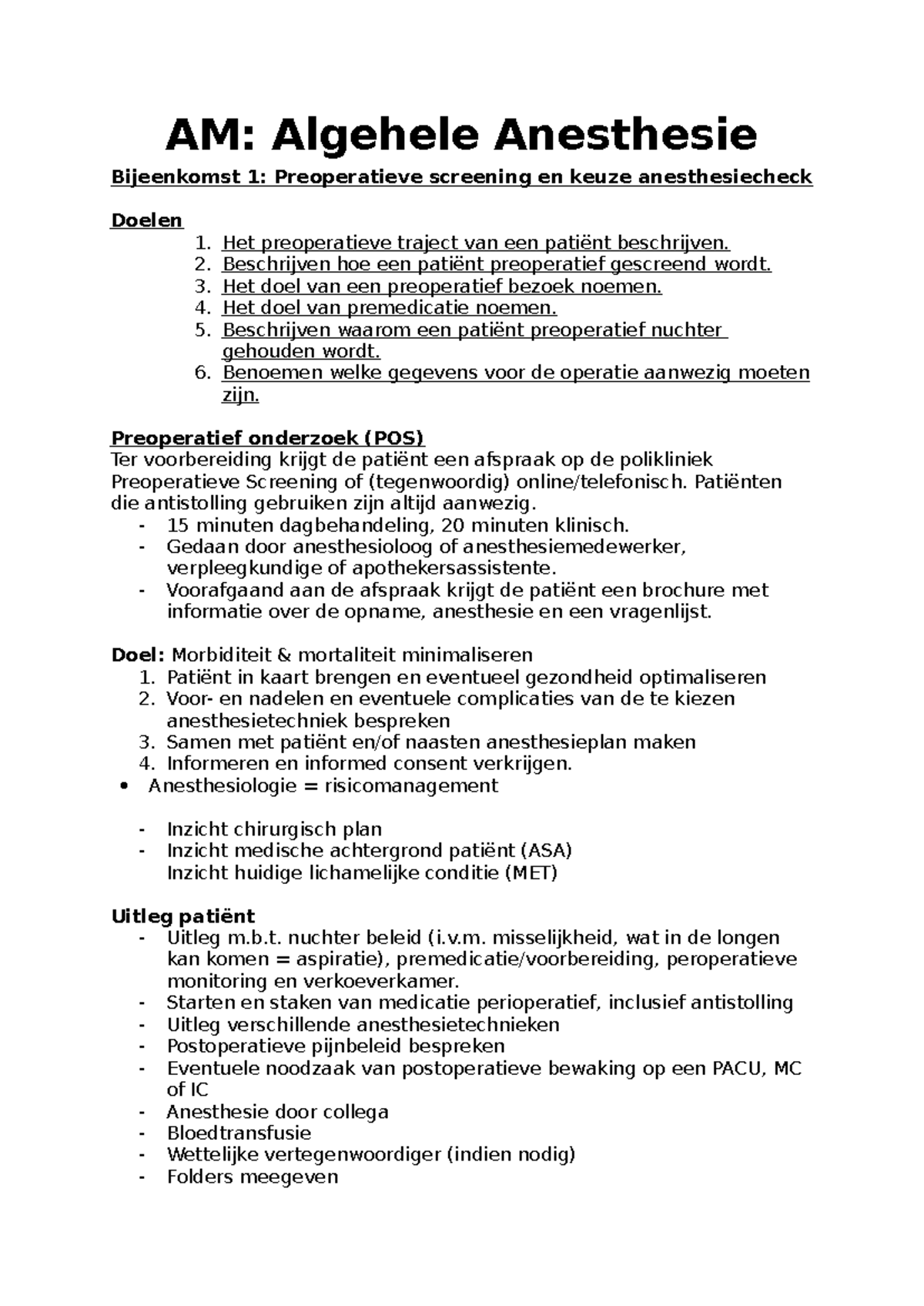 AM: Anesthesie Samenvatting Bijeenkomst 1-3: Preoperatieve Screening en ...