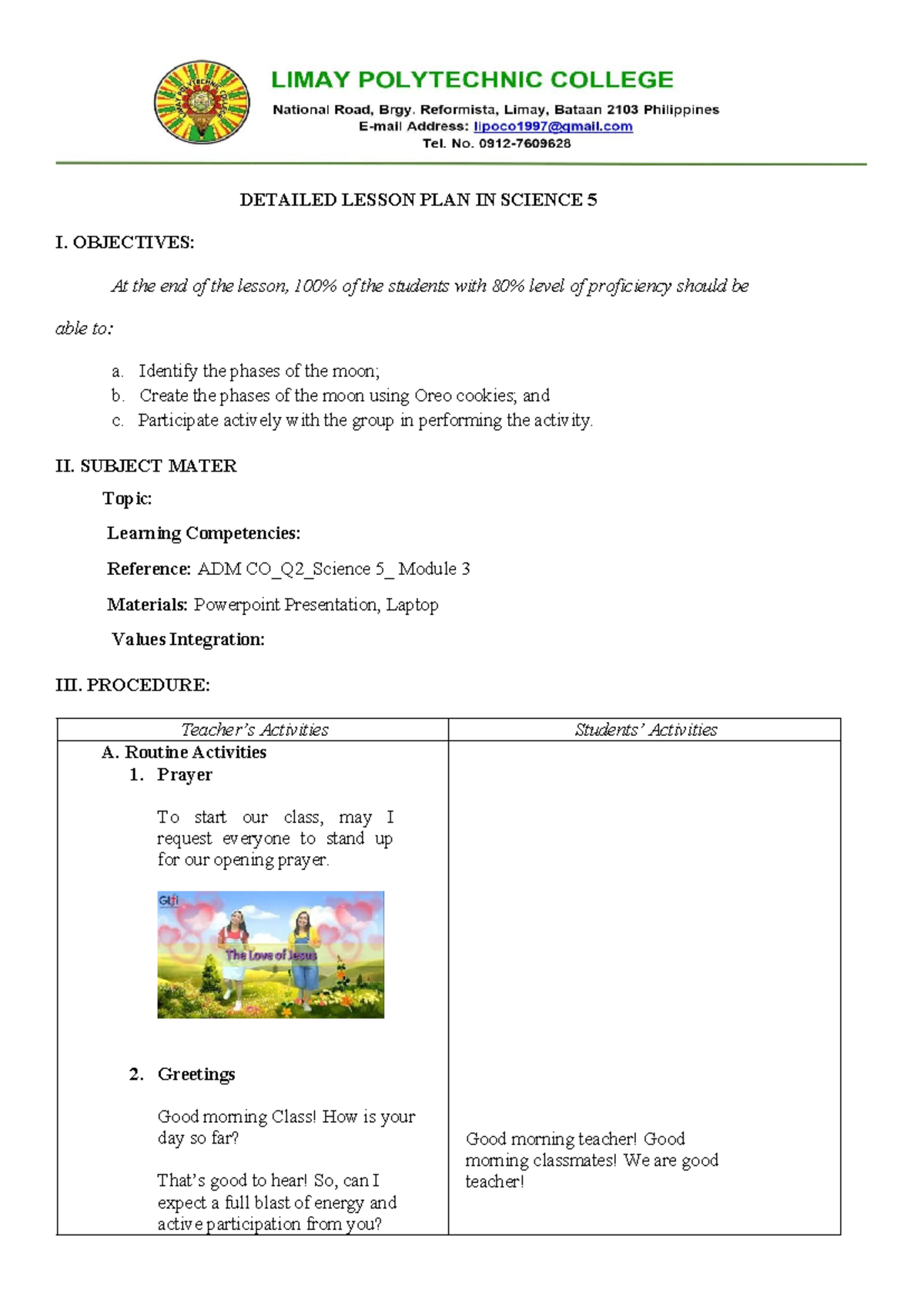 LP-MOD3 - dlp - DETAILED LESSON PLAN IN SCIENCE 5 I. OBJECTIVES: At the ...