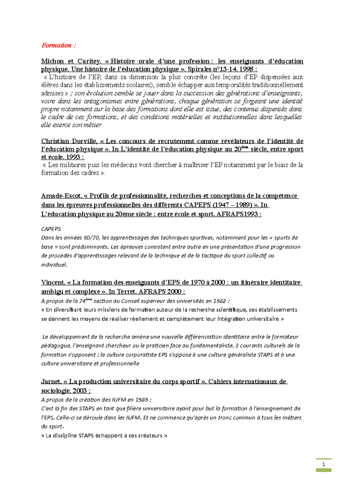 Fiche de citation : Formation et Évolution des Enseignants d'EPS - Studocu