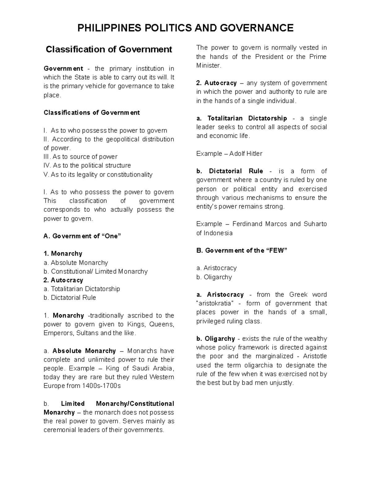 PPG- Lecture Notes on Classification of Government in the Philippines ...
