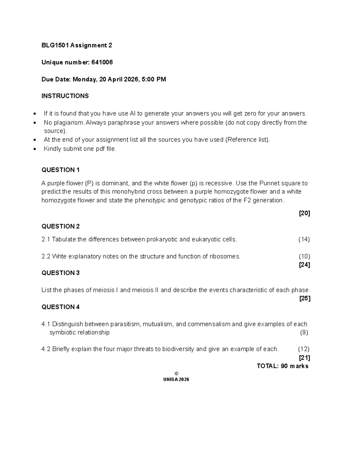 BLG1501 Assignment 2: Genetics and Cell Biology - Semester 1 2026 - Studocu