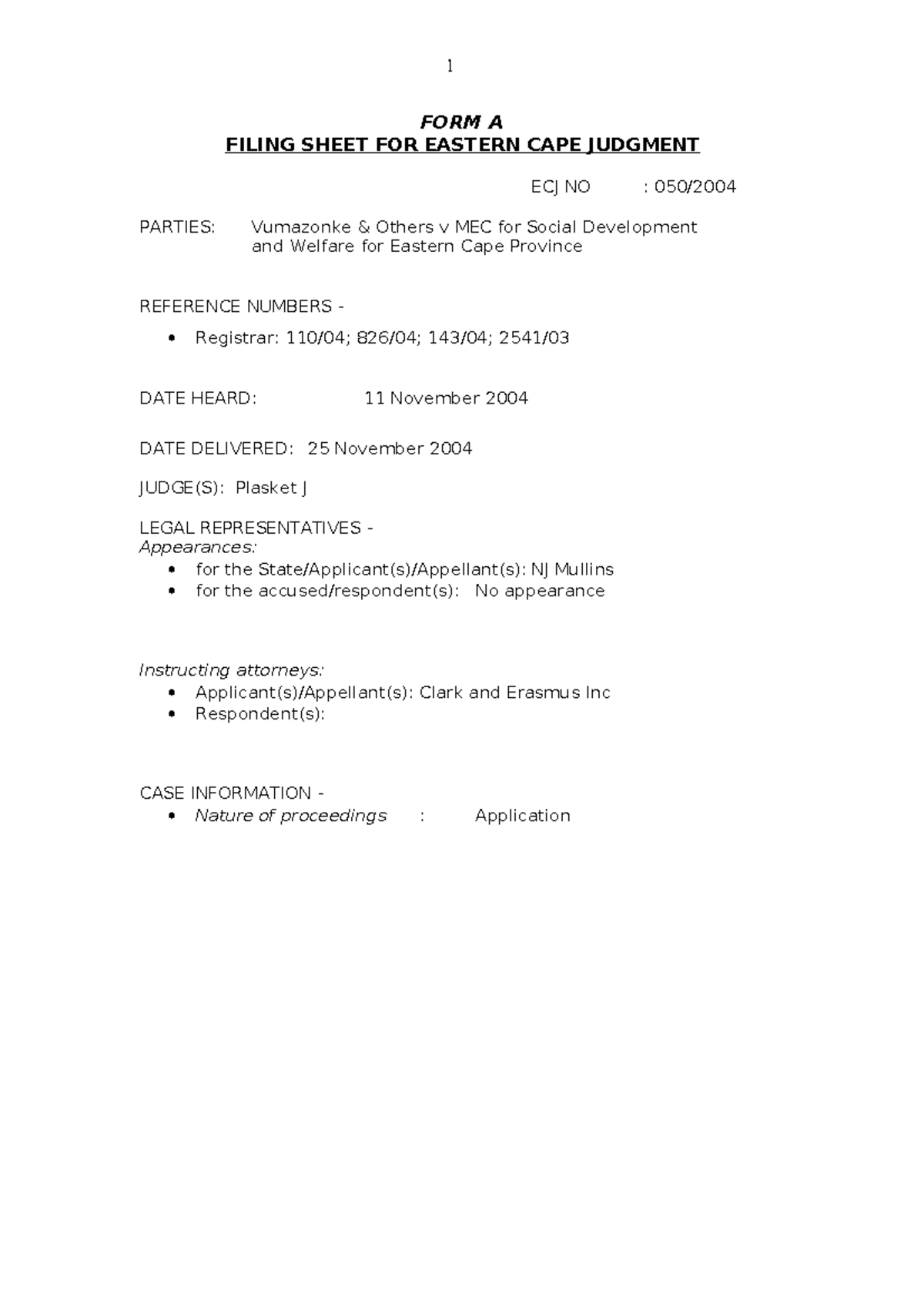 40 - Administrative law - FORM A FILING SHEET FOR EASTERN CAPE JUDGMENT ...