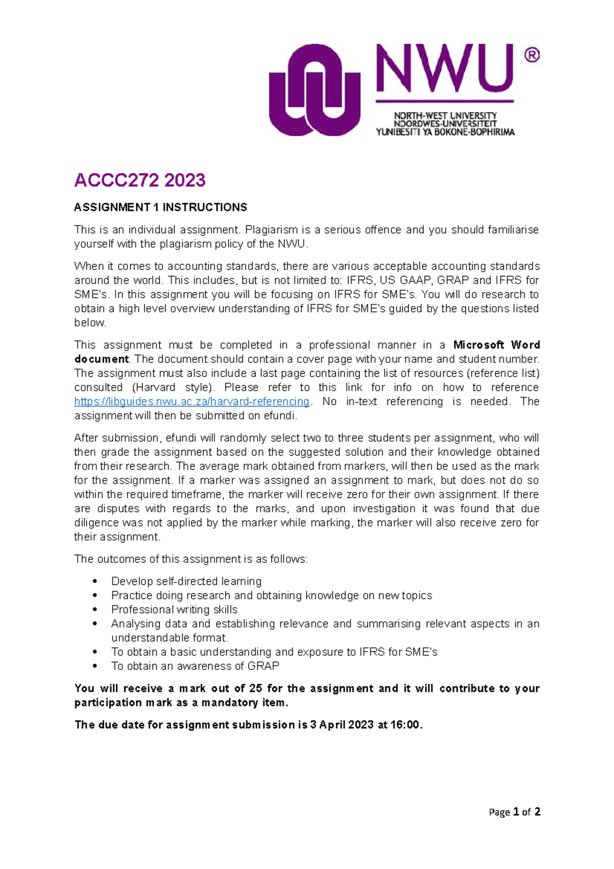 ACCC272 2023 Assignment 1: Understanding IFRS for SMEs and GRAP - Studocu