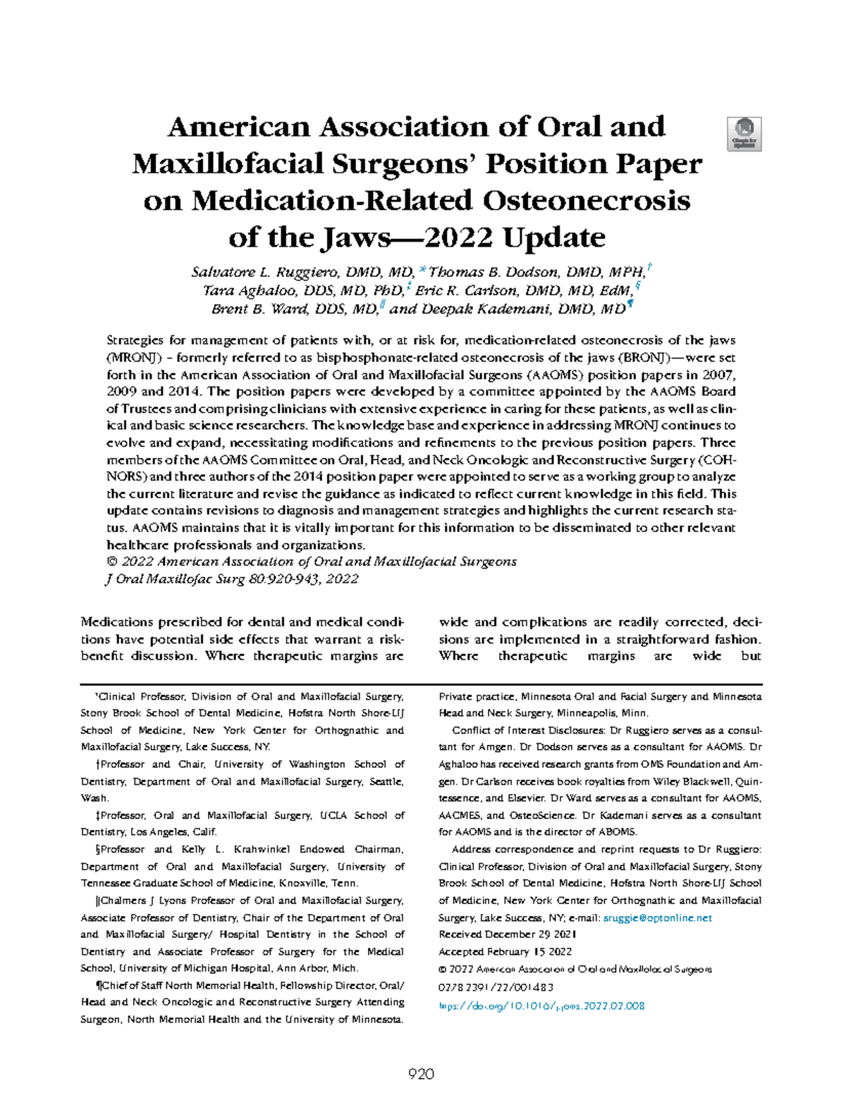 AAOMS 2022 Position Paper: Update on Osteonecrosis of the Jaws - Studocu