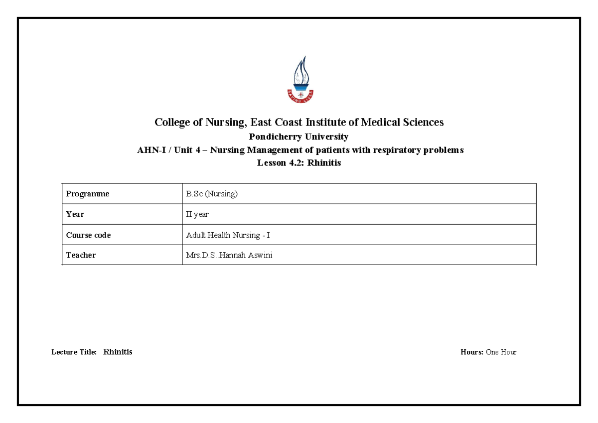 B.Sc Nursing II Year - Adult Health Nursing I: Lesson Plan on Rhinitis ...