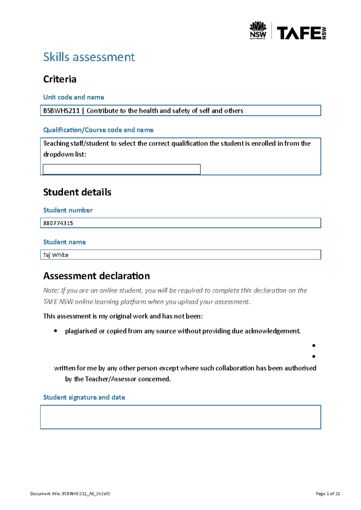 BSBWHs 211 Skills Assessment Overview - Practical Tasks 2 of 2 - Studocu