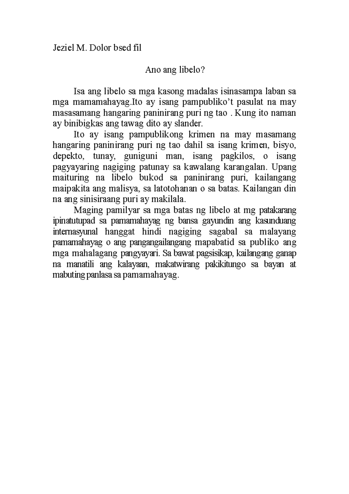 Ano ang Libelo? - Lecture Notes 1 sa Batas at Pamamahayag - Studocu