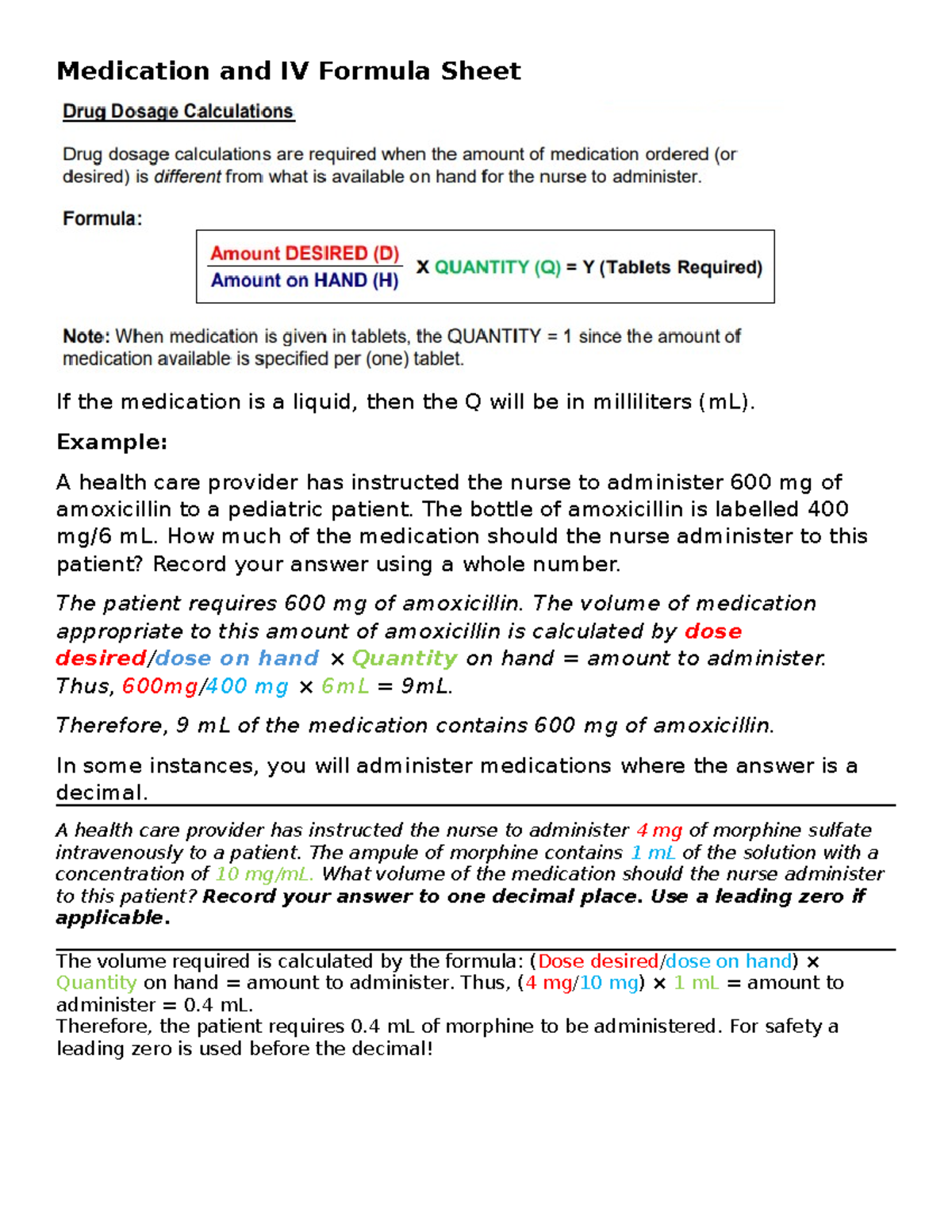 Medication and IV Formula Sheet - Example: A health care provider has ...