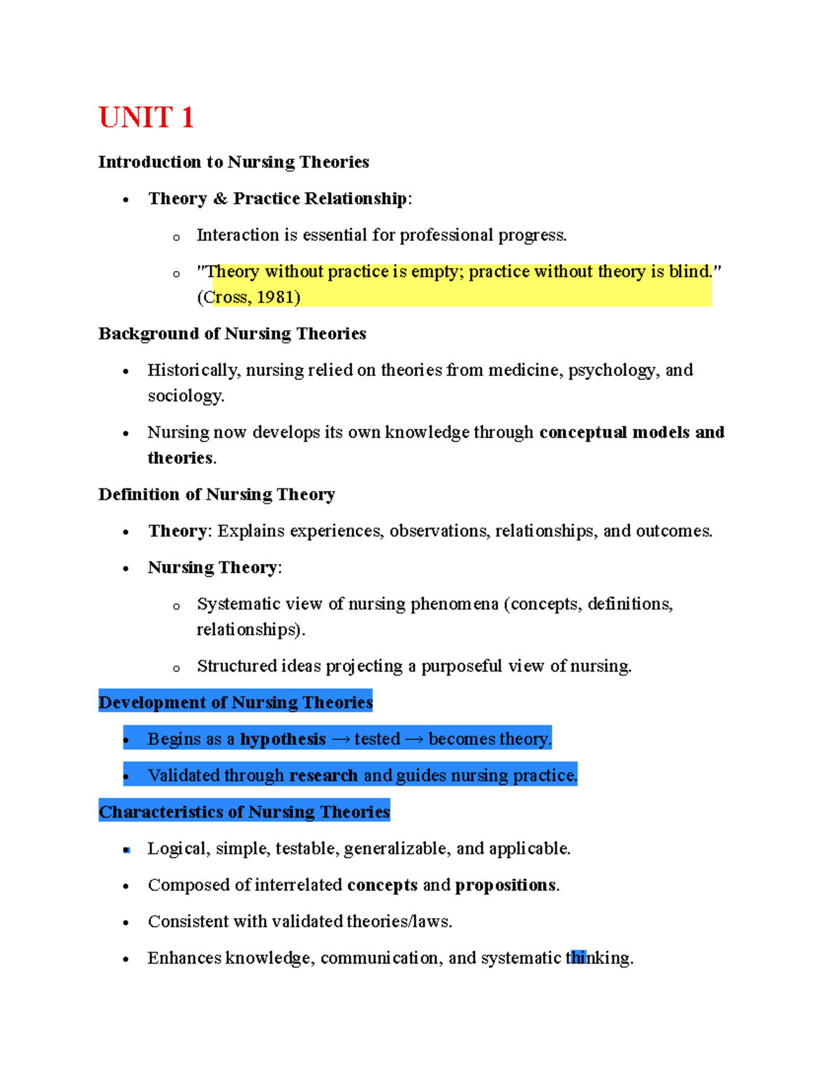 NUR 101 Final Exam Study Notes: Introduction to Nursing Theories - Studocu