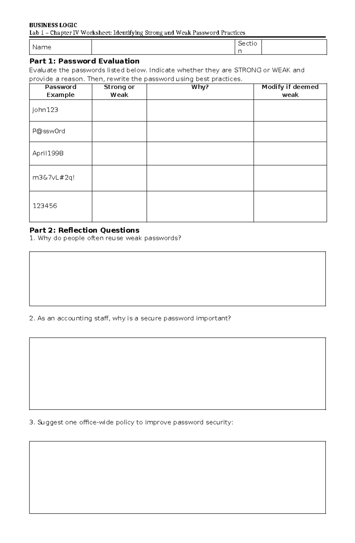 BUSINESS LOGIC Lab 1 Chapter IV Worksheet: Password Practices & Risks ...