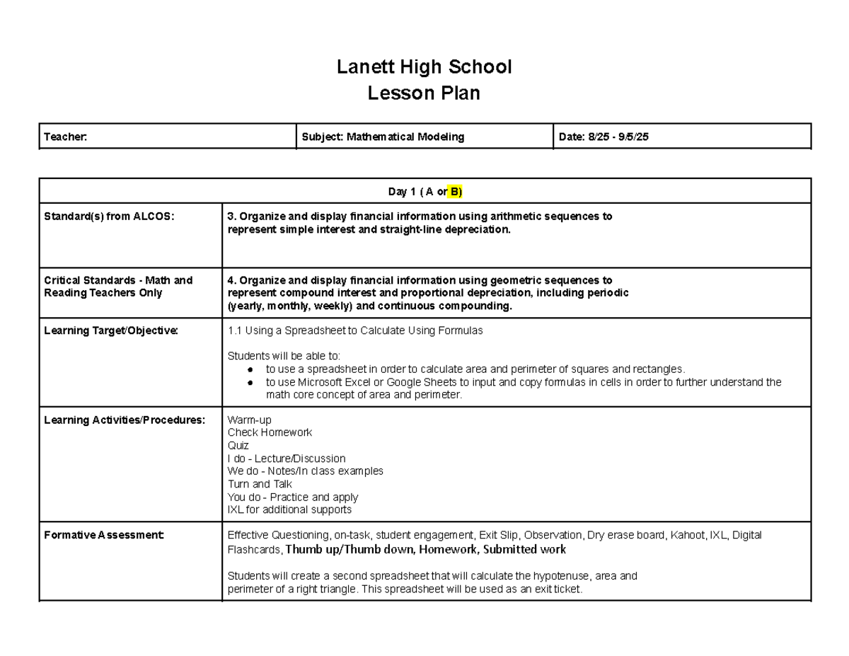 Mathematical Modeling Lesson Plan (Day 1-5) - Lanett High School - Studocu