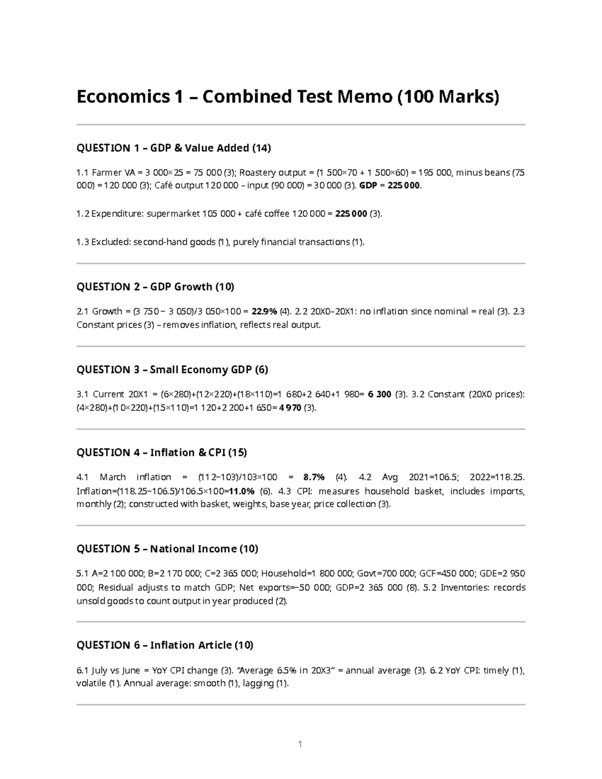 Economics 1 Combined Test Memo - GDP, Inflation & National Income - Studocu