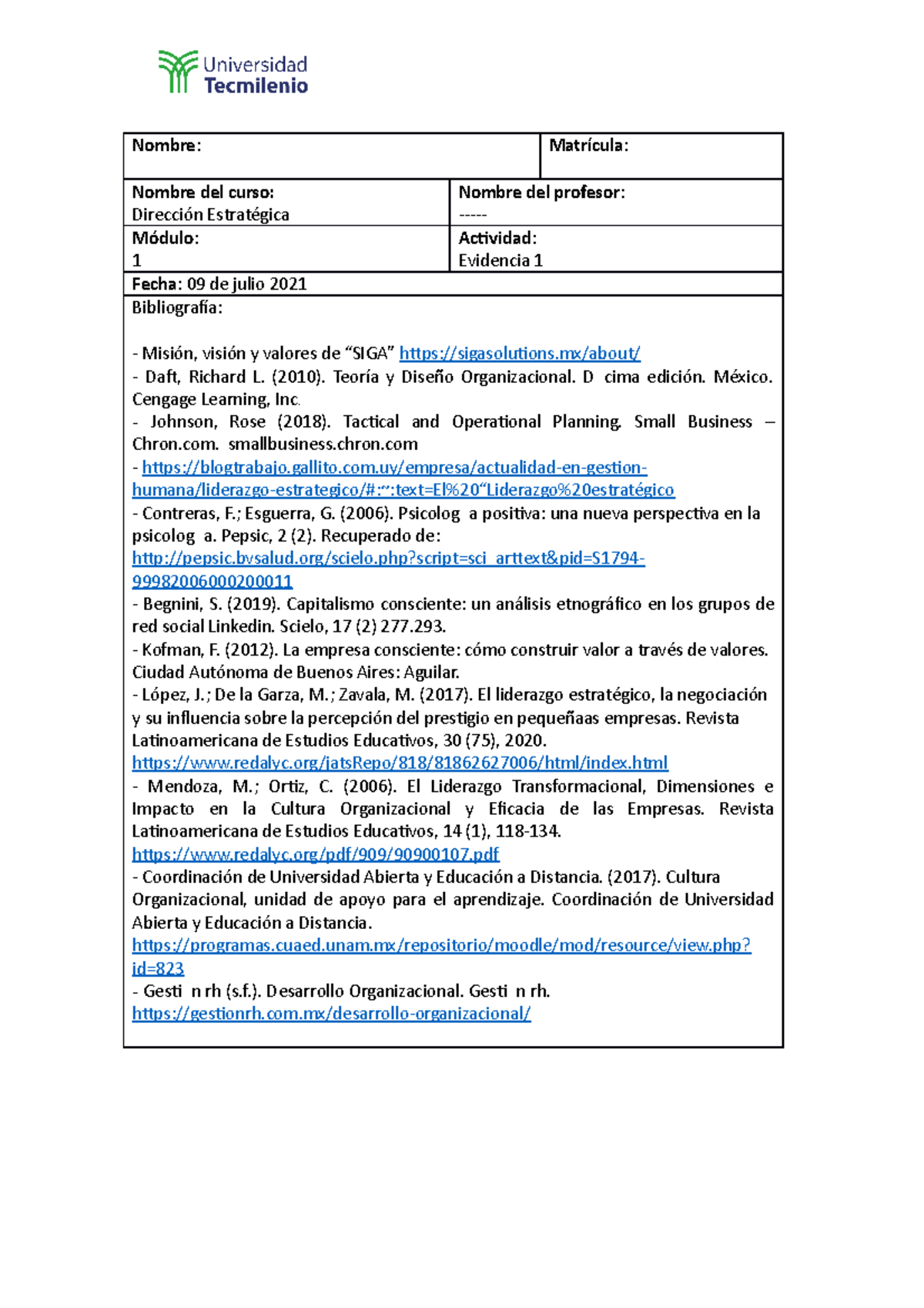 Evidencia 1 Direccion Estrategica maestria 2021 - Nombre : Matrícula ...