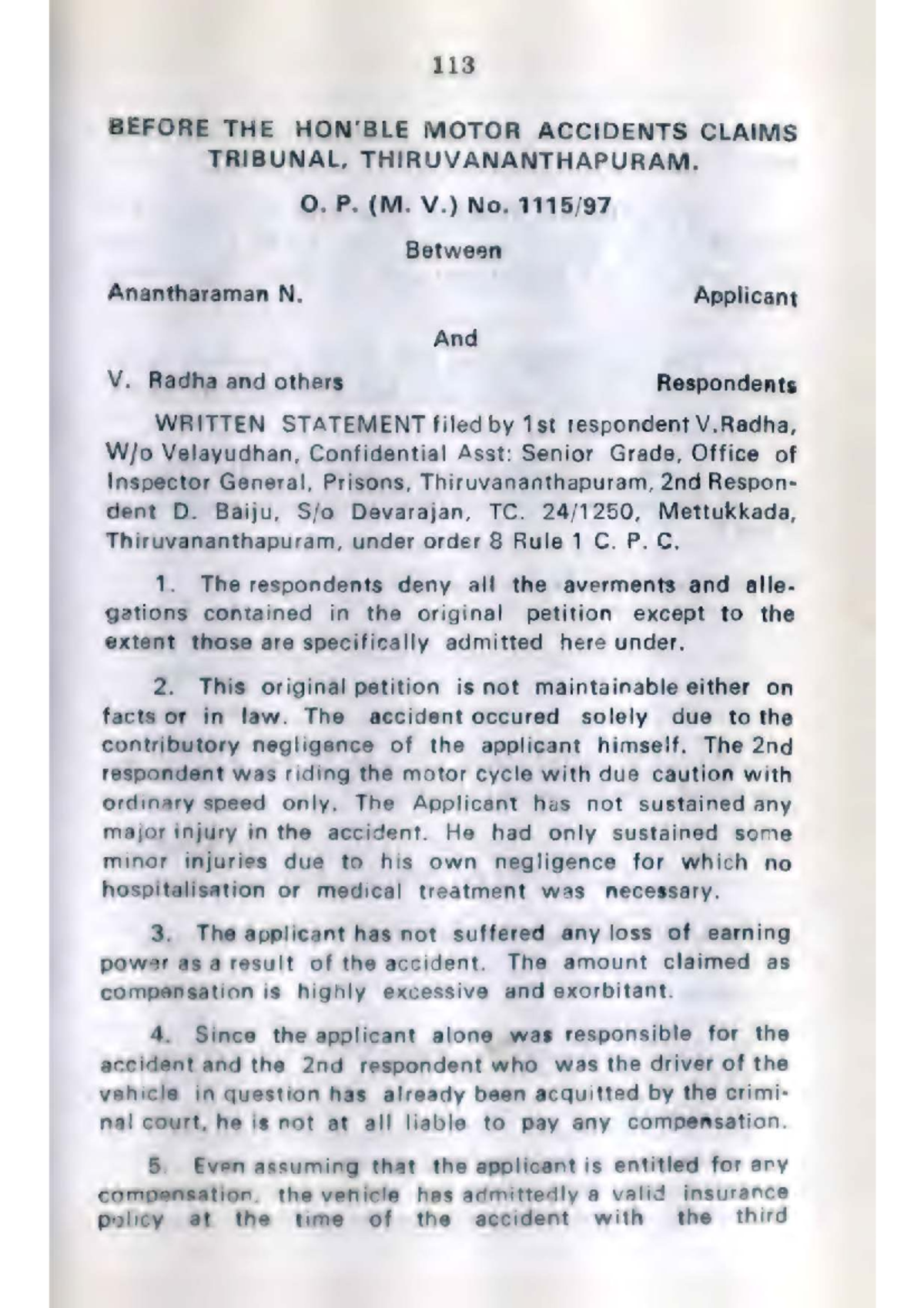 O.P. (M.V.) No. 113: Written Statement in Motor Accident Claim Case ...