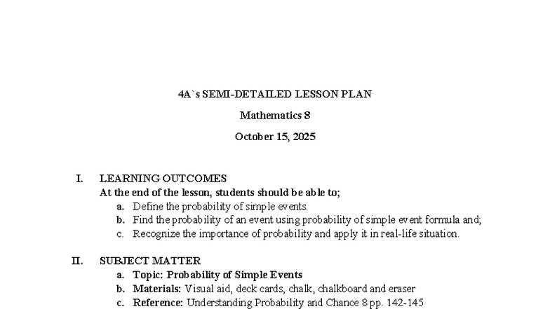 Mathematics 8 Lesson Plan: Understanding Probability of Simple Events ...