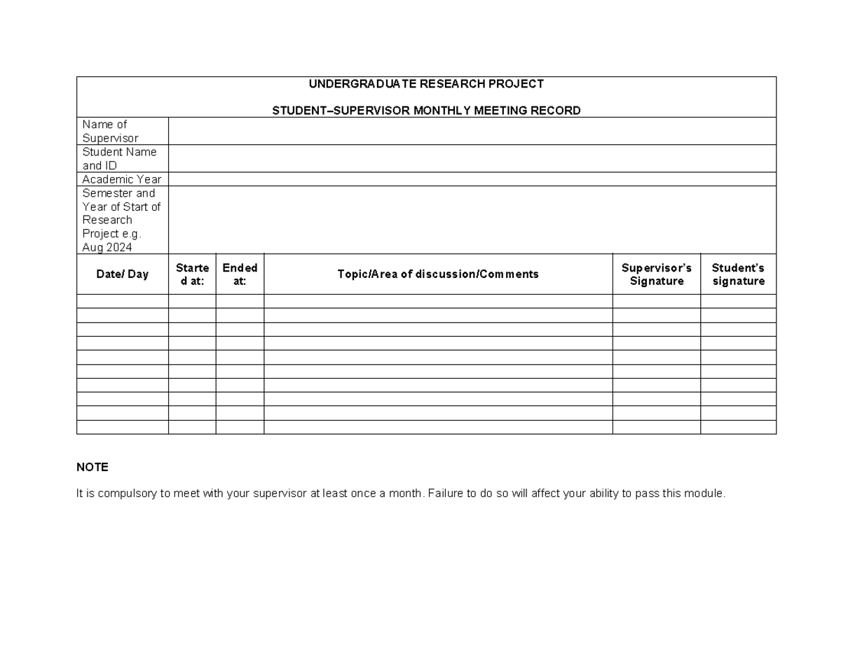Student-Supervisor Monthly Meeting Record (Logbook) - UNDERGRADUATE RESEARCH PROJECT - Studocu