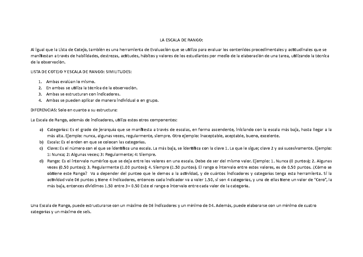 Escala de Rango para Evaluación de Habilidades y Destrezas - Studocu