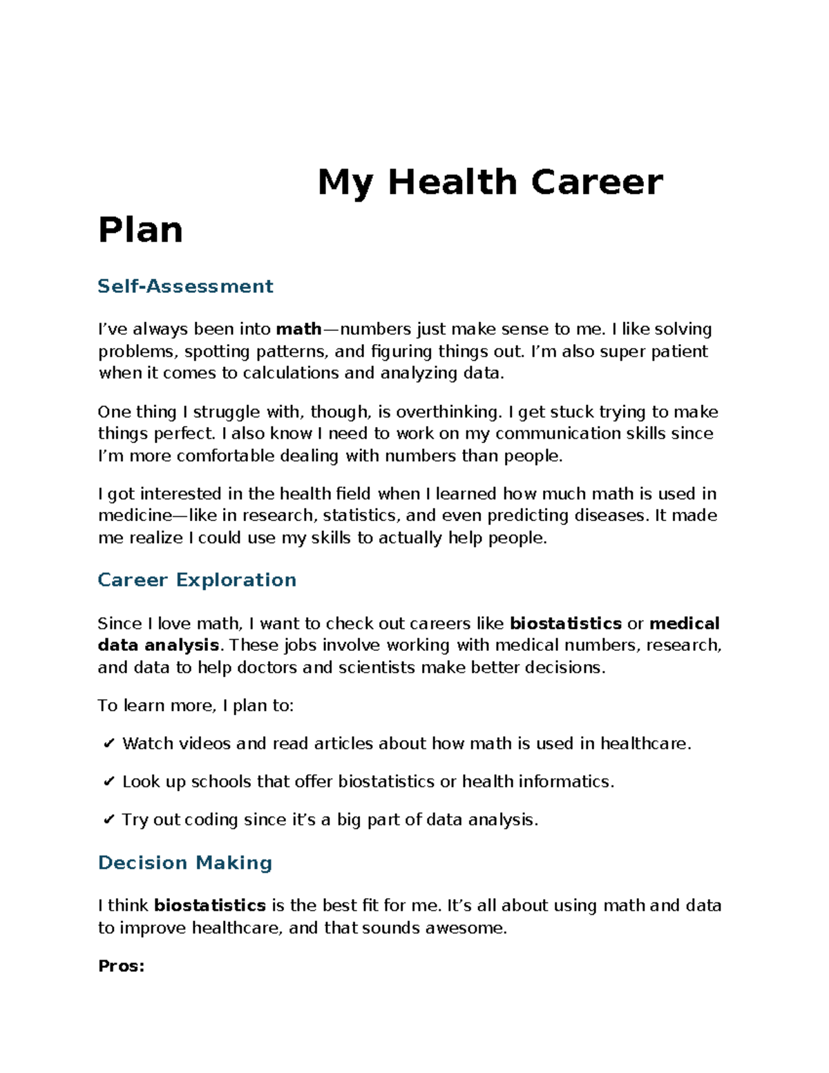 Health Career Plan: Exploring Biostatistics & Data Analysis Paths - Studocu