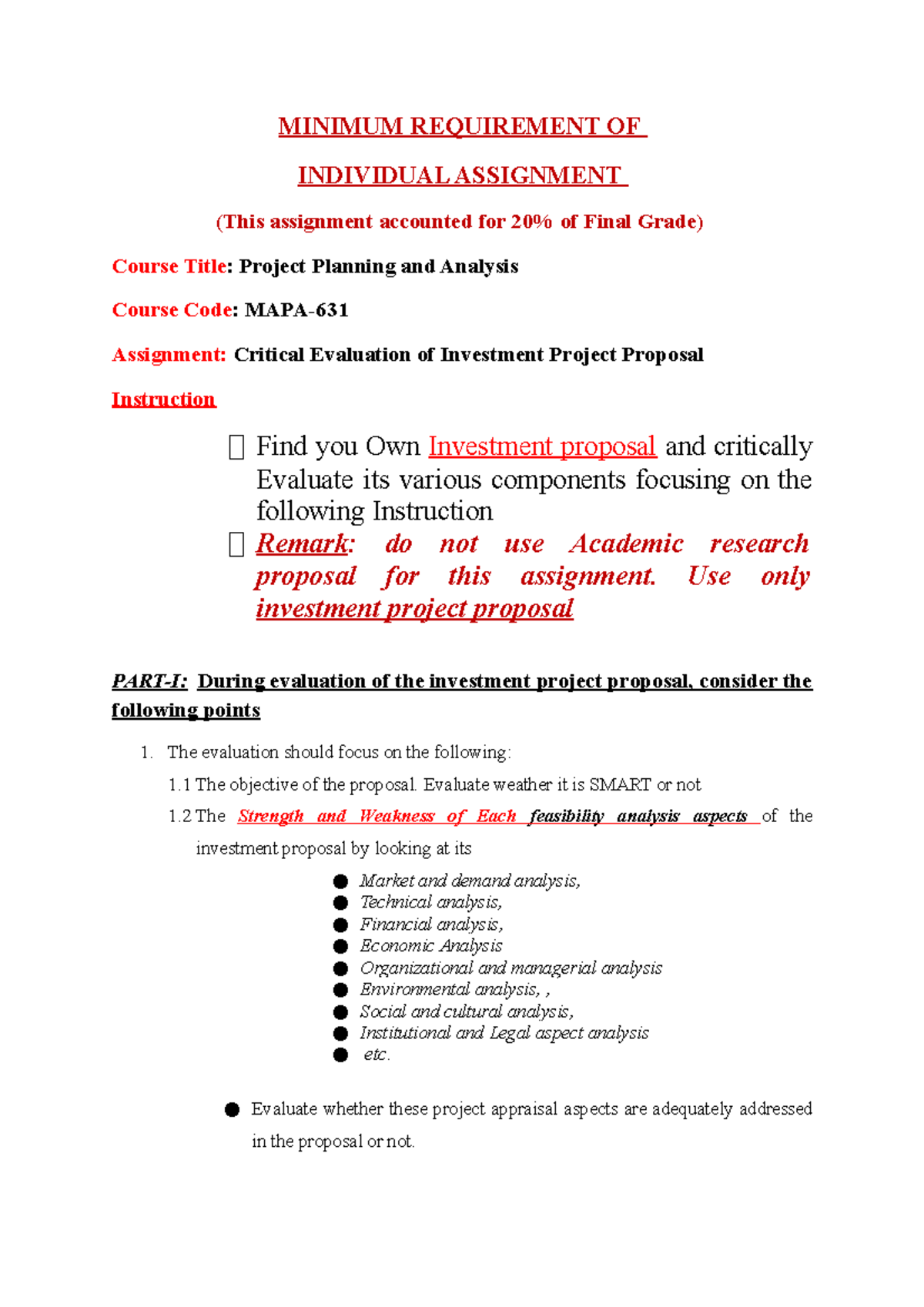 Brief Instruction regading Individual assignment - MINIMUM REQUIREMENT ...