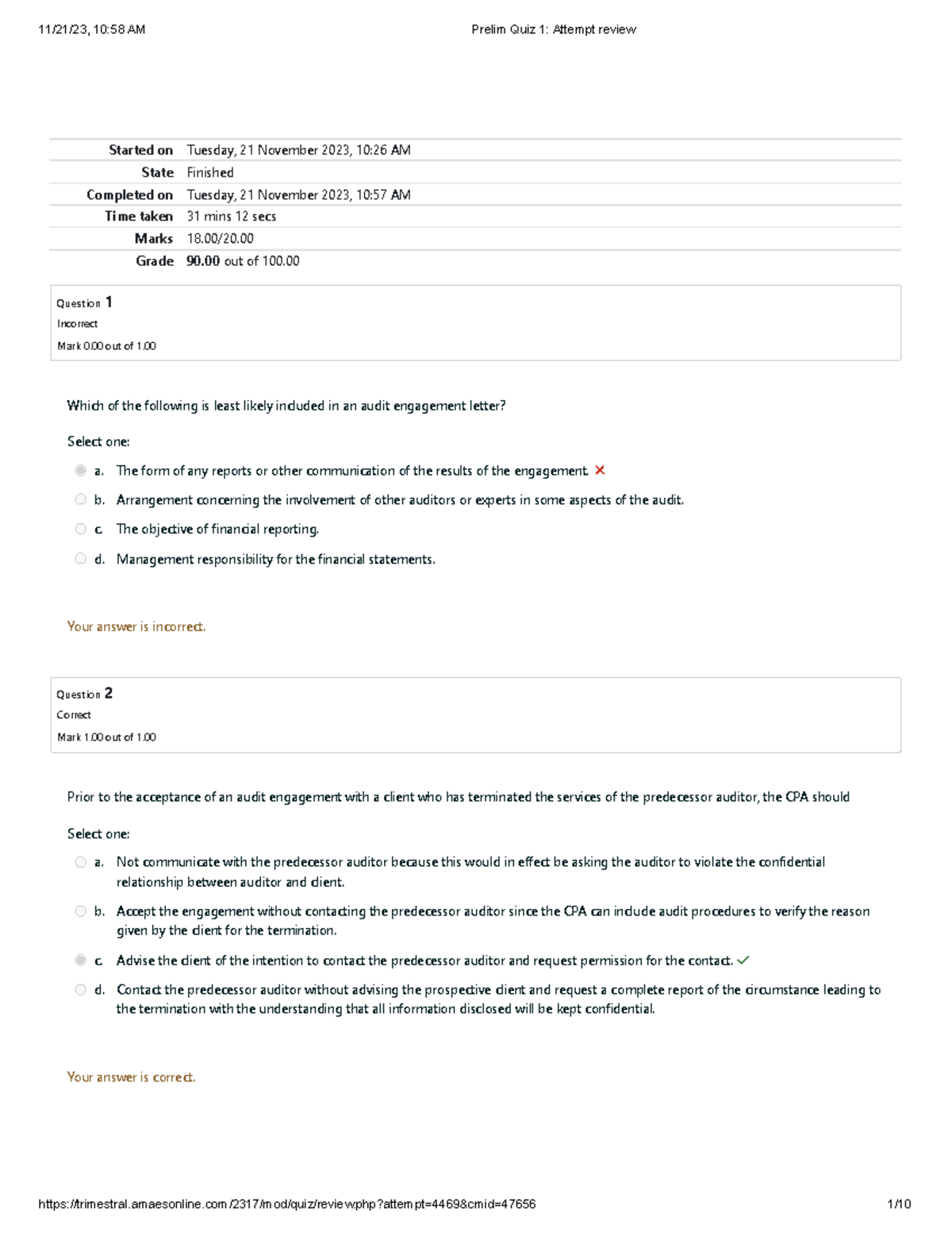 Prelim Quiz 1 Review - Audit Performance Analysis - Studocu