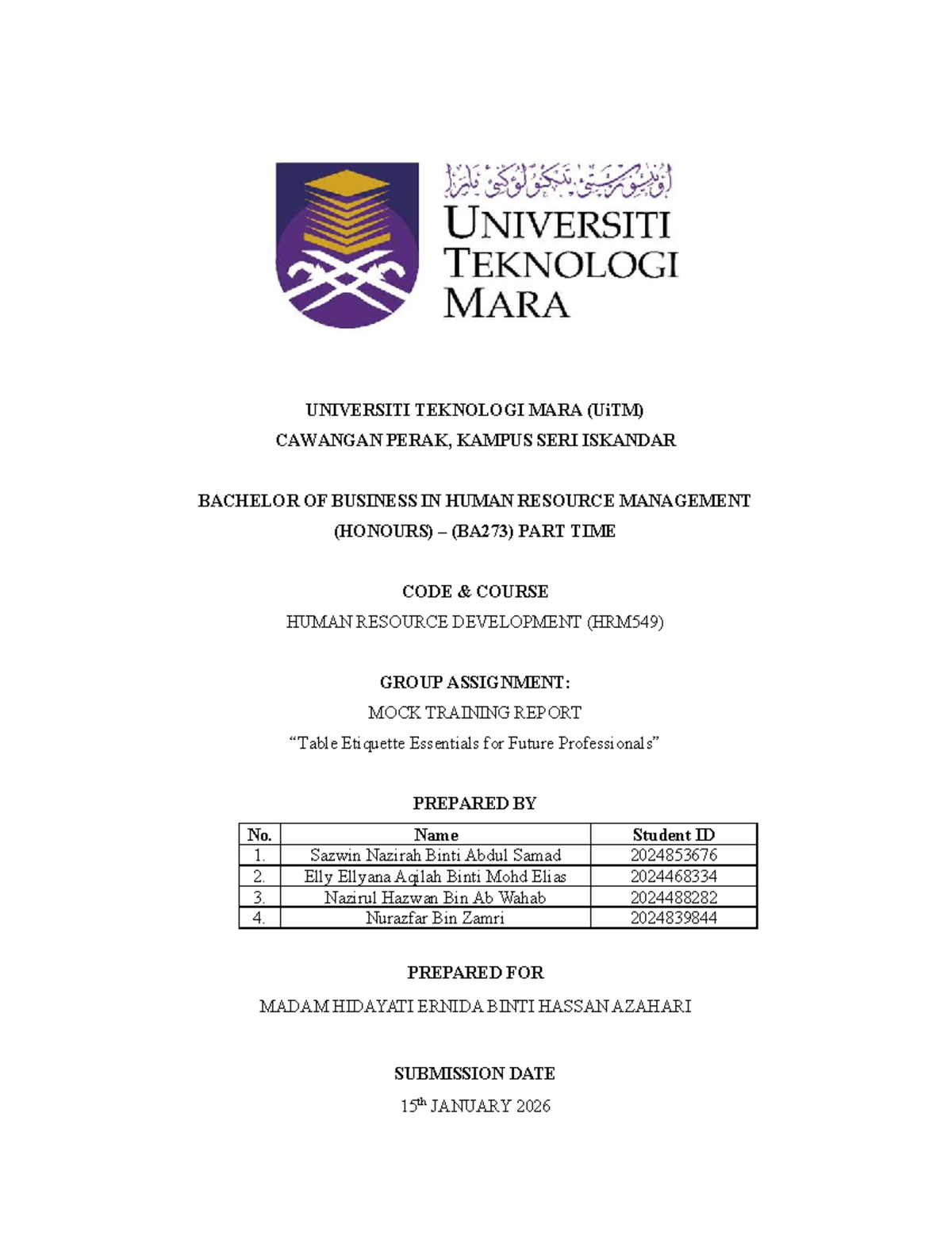 HRM549: Mock Training Report on Professional Table Etiquette - Studocu
