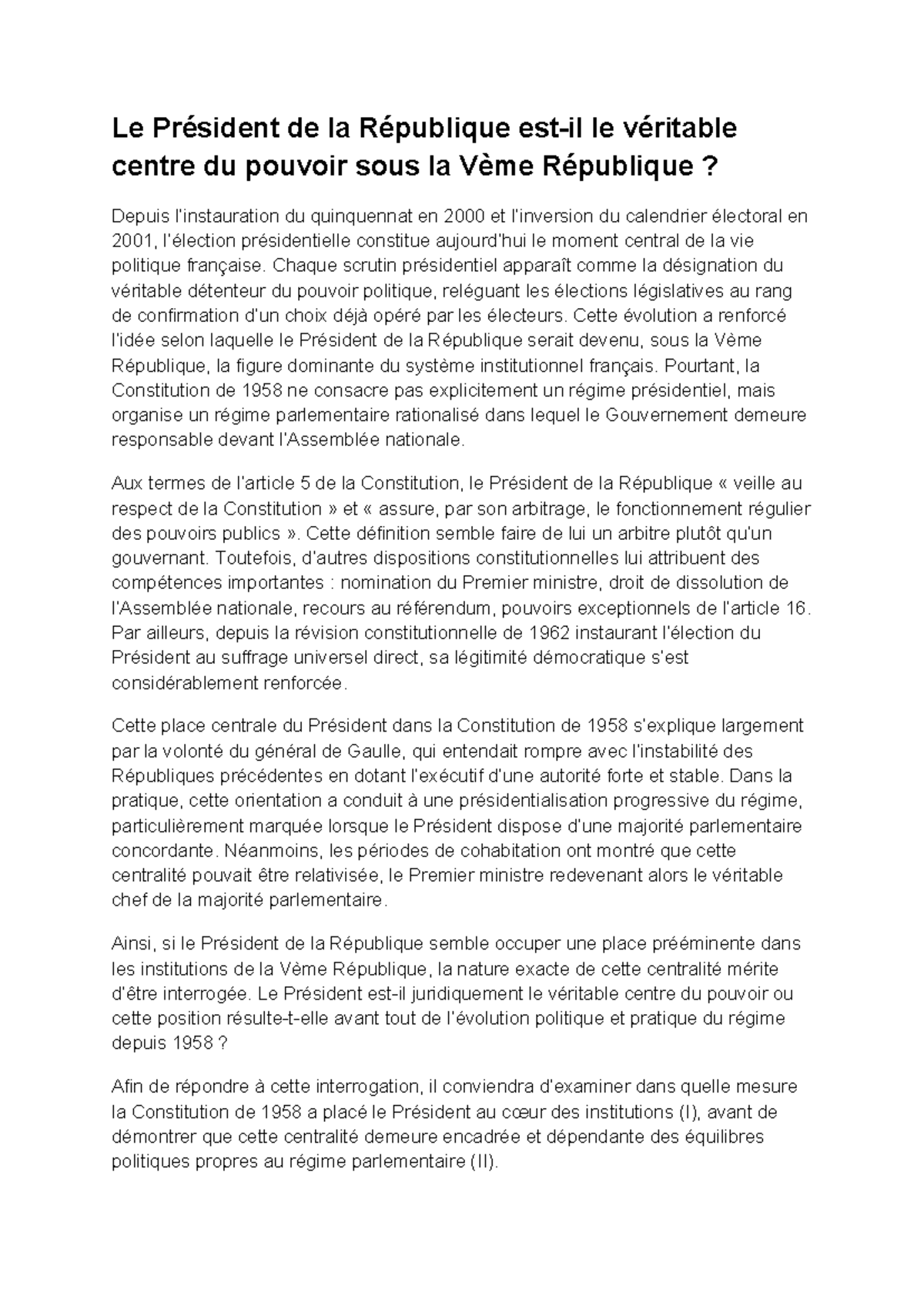 Dissertation sur le rôle central du Président sous la Vème République ...