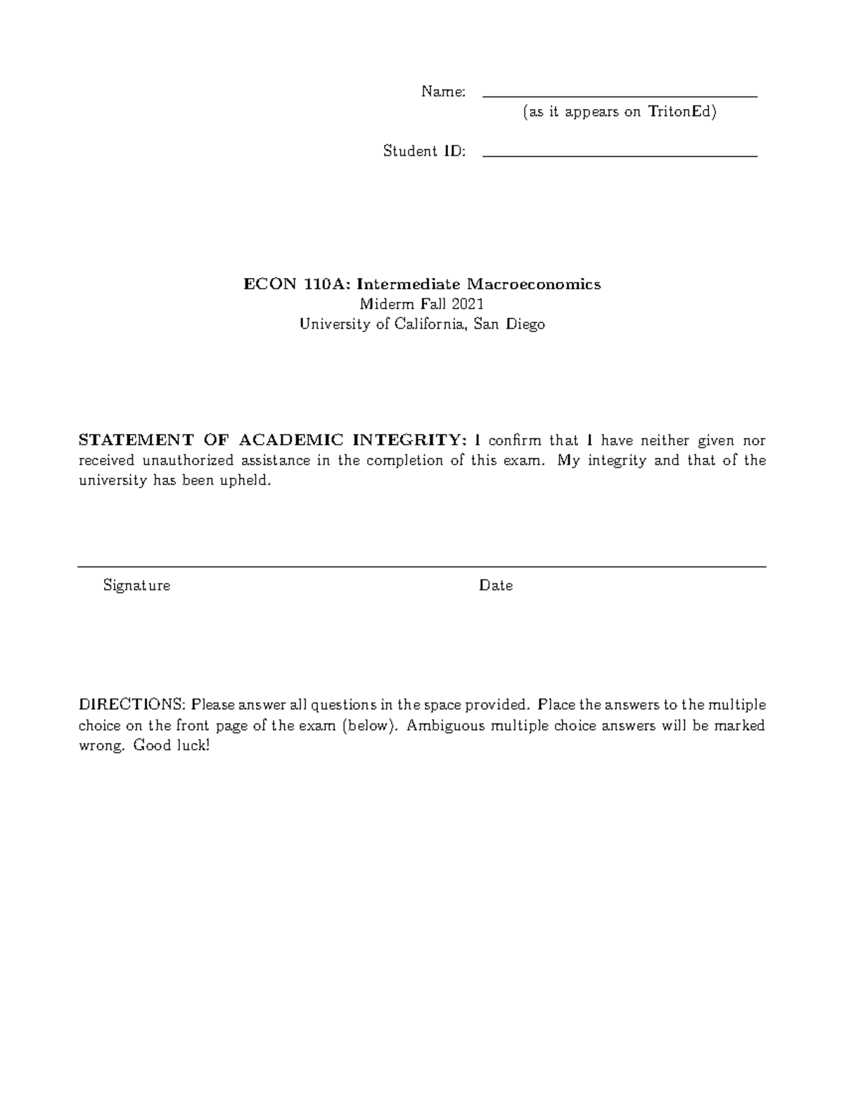2021 ECON 110A Midterm Exam - Intermediate Macroeconomics Insights ...