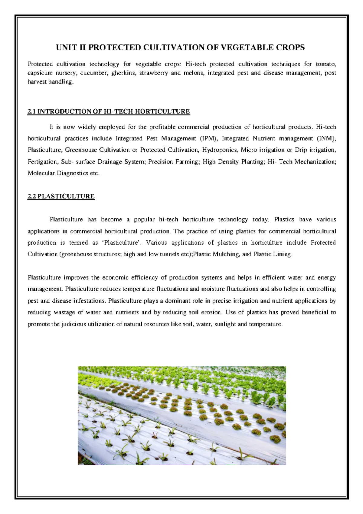UNIT II: Hi-Tech Protected Cultivation Techniques for Vegetable Crops ...