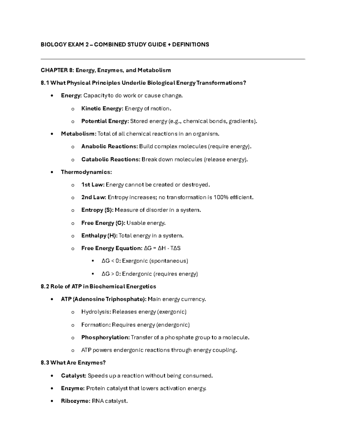 Biology Exam 2: Combined Study Guide on Energy, Enzymes, & Metabolism ...