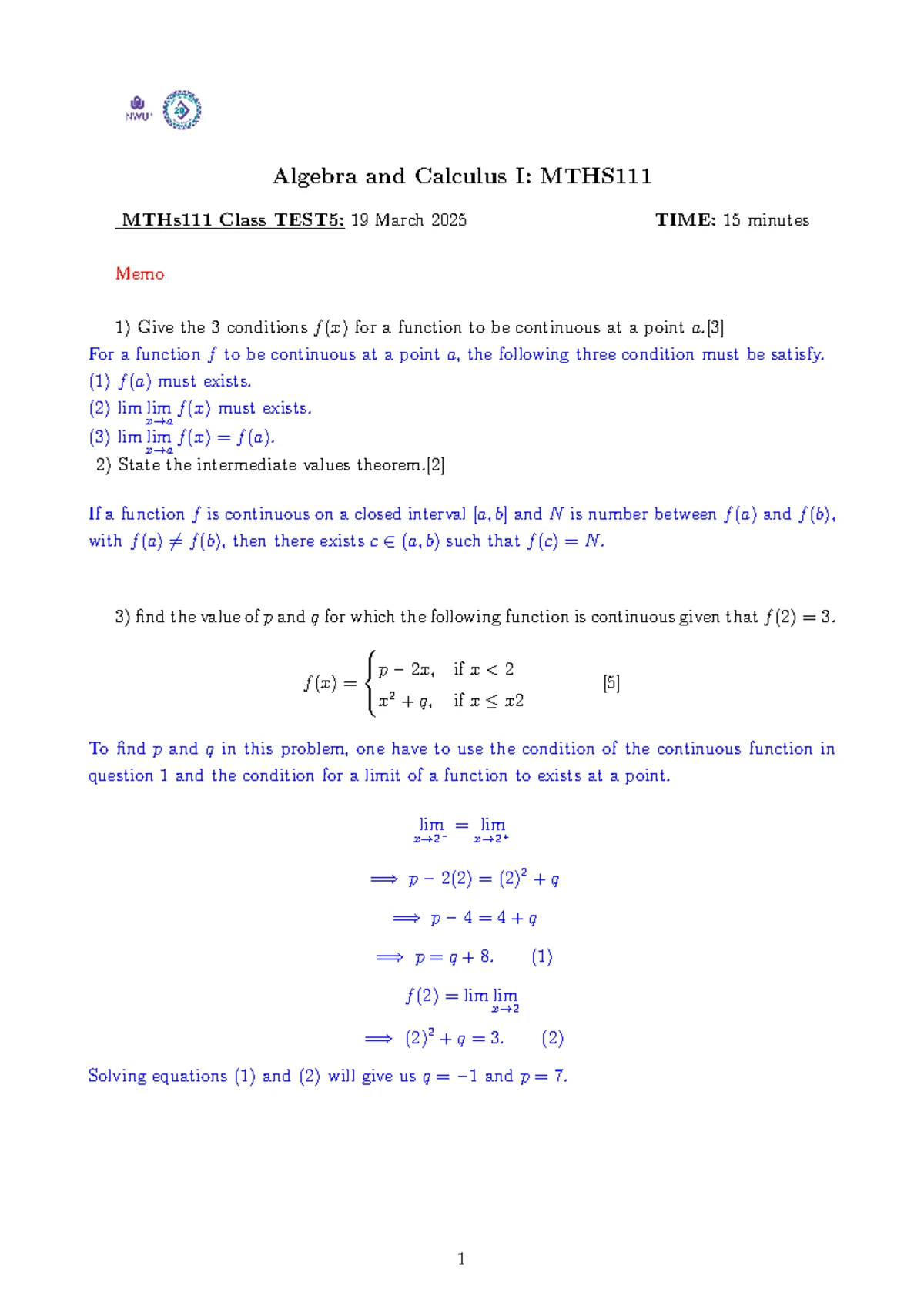 MTHS111 CT7 Memo - Indefinite Integrals Solutions - Studocu