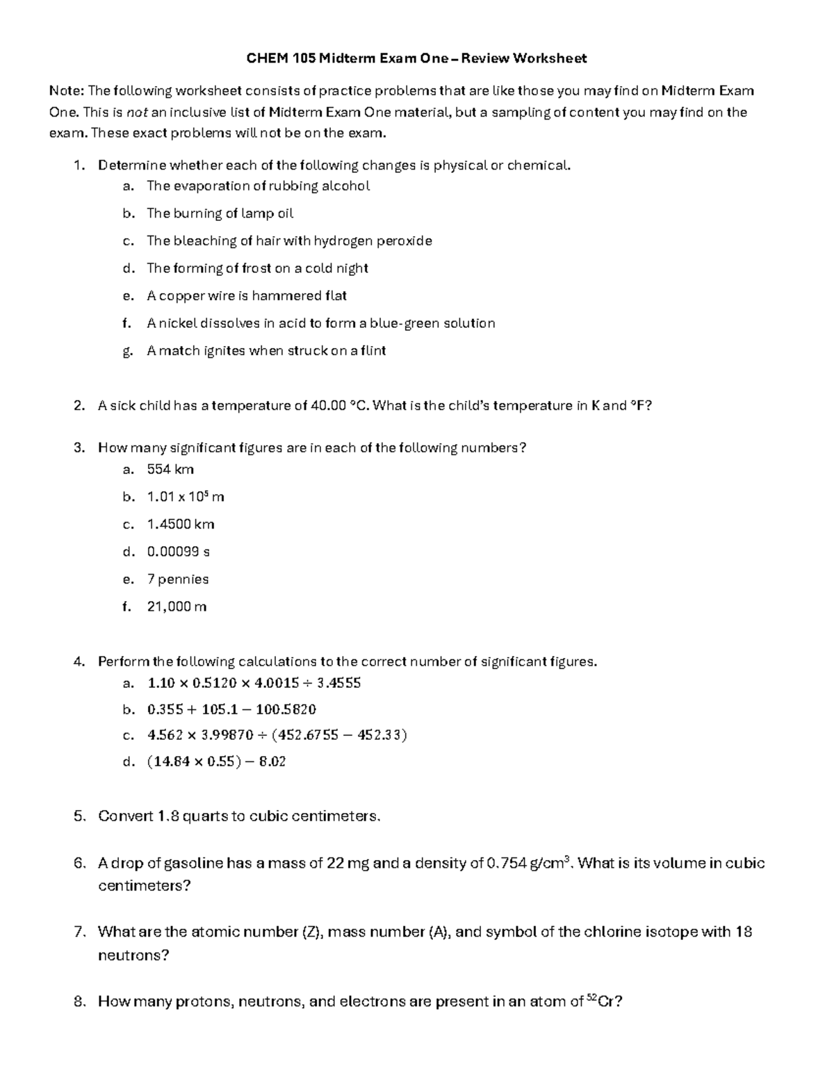CHEM 105 Midterm Exam One Review Worksheet - Studocu