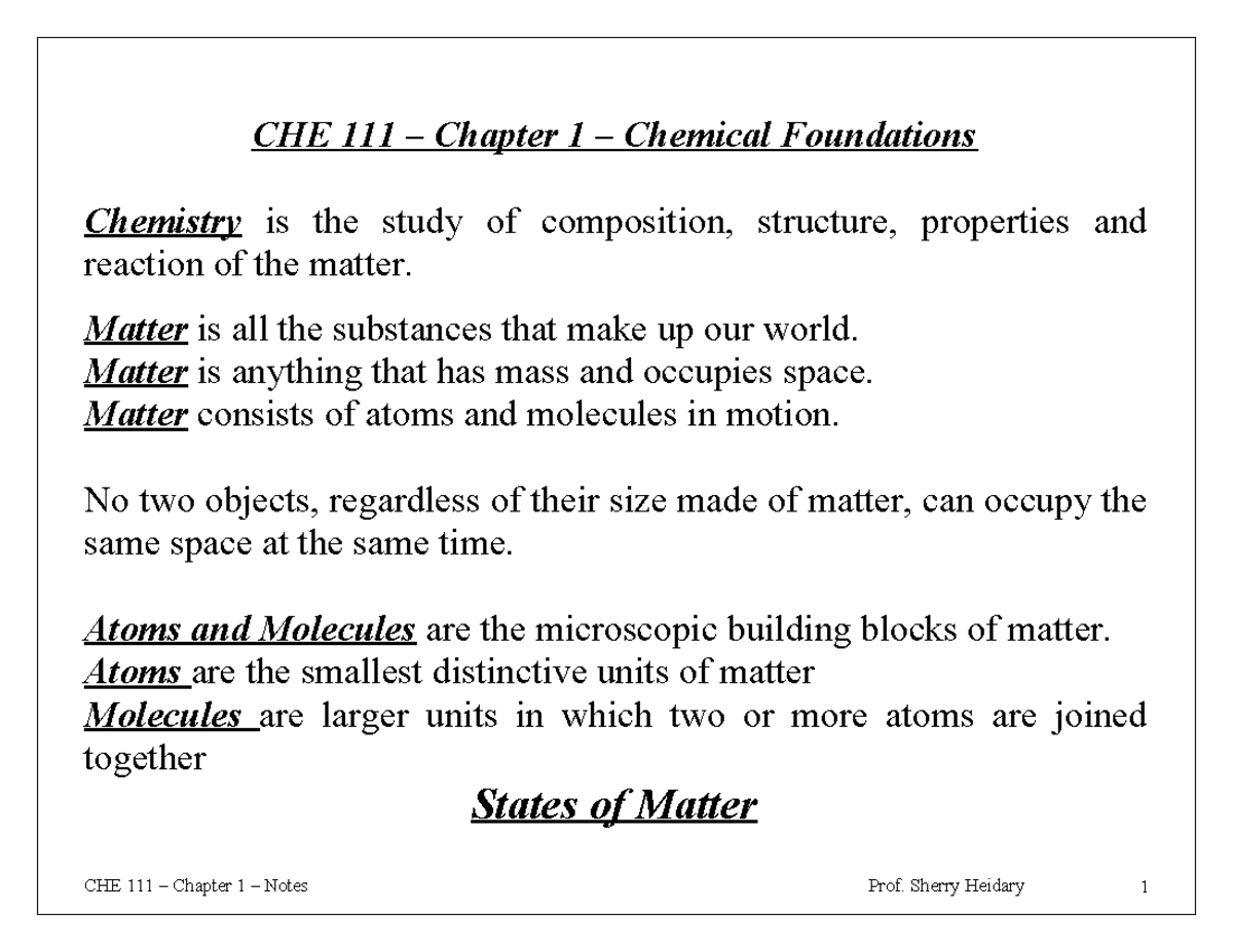 CHE 111 – Chapter 1: Chemical Foundations & Properties of Matter - Studocu