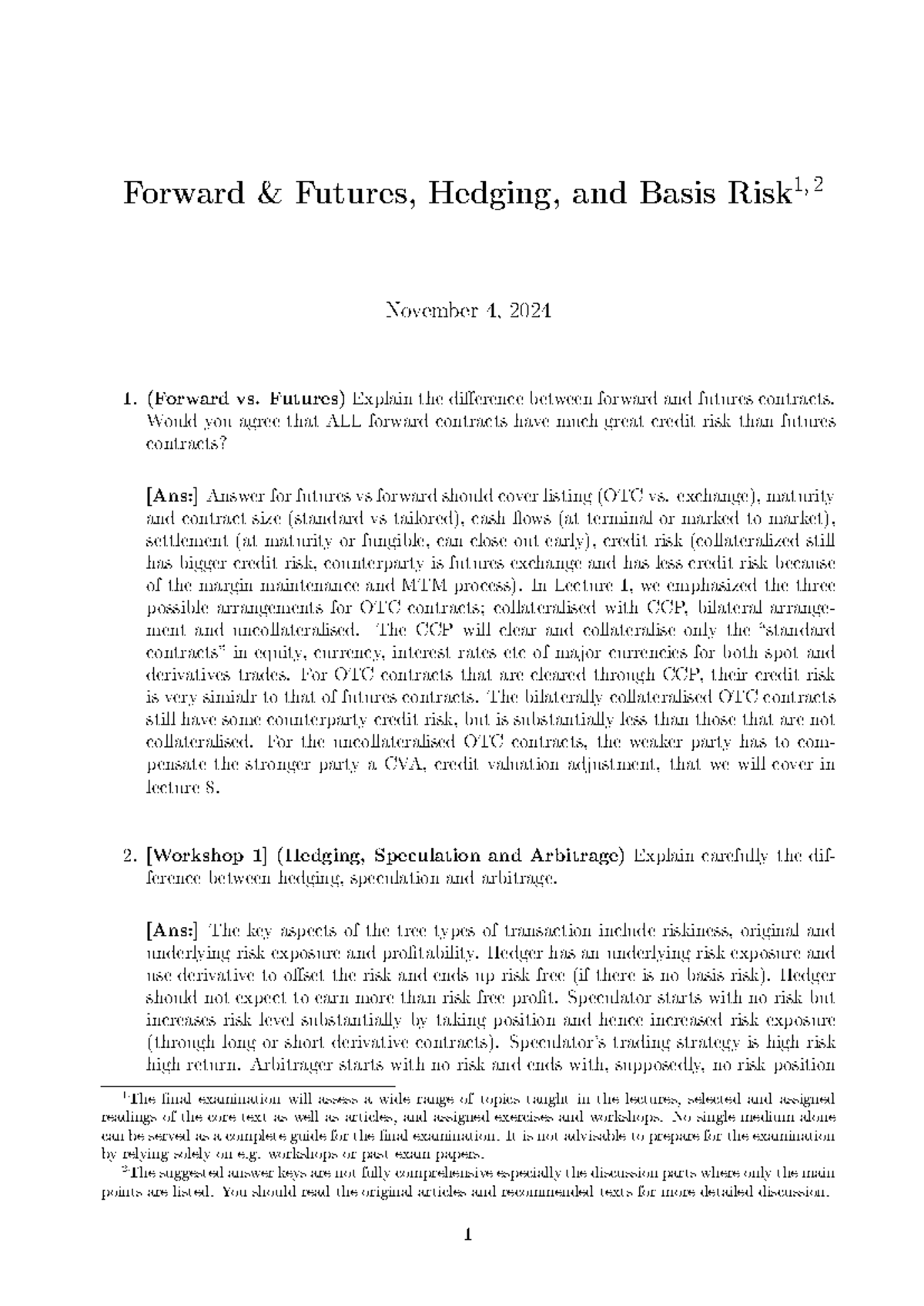 WS1 Solutions: Forward Futures, Hedging, and Basis Risk Analysis - Studocu