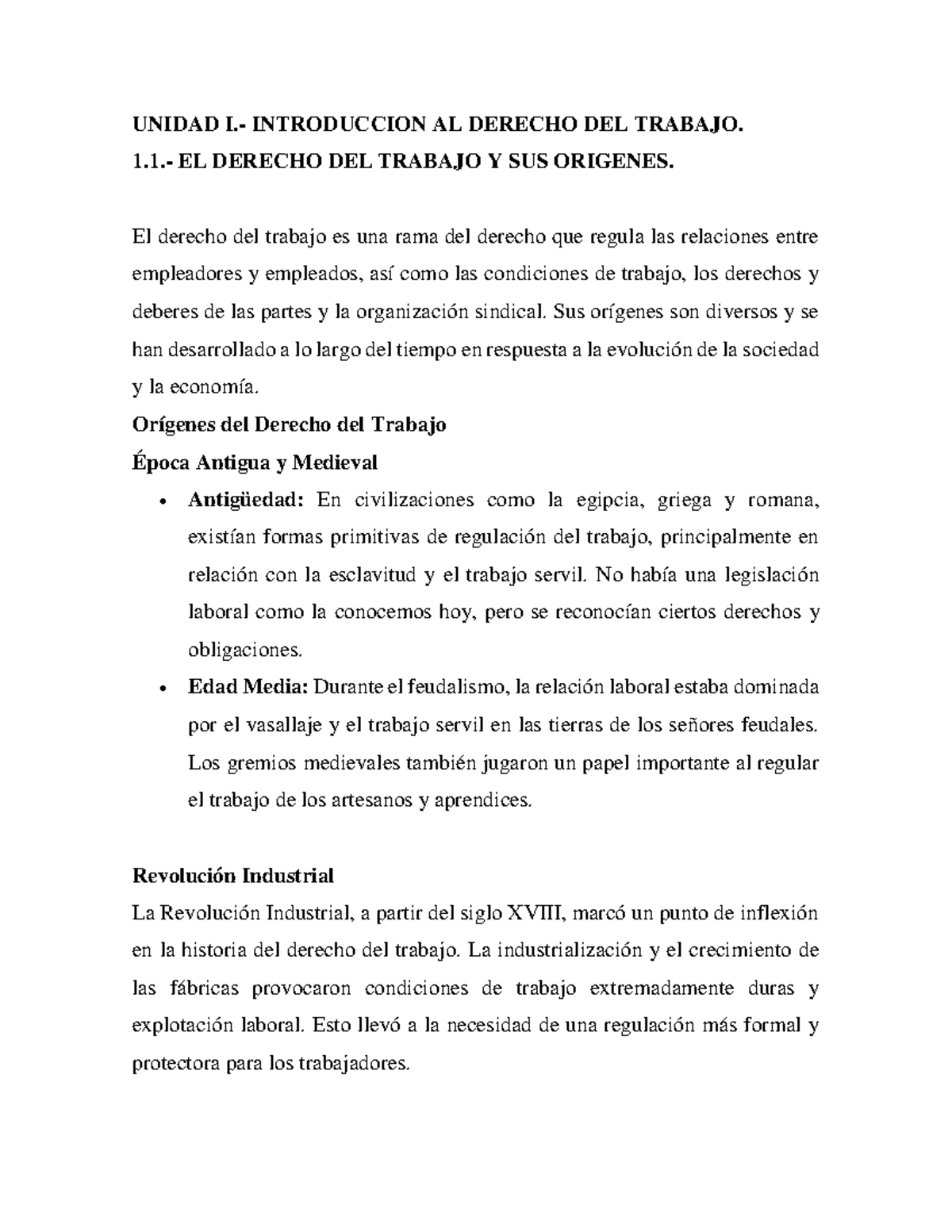 Unidad I: Introducción al Derecho Laboral - Orígenes y Desarrollo - Studocu