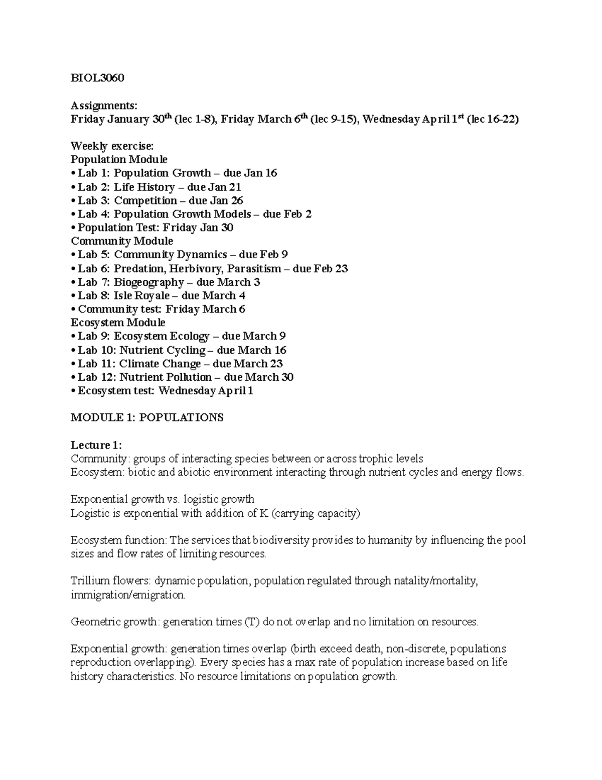 BIOL3060 - Comprehensive Lecture Notes on Population Ecology and ...