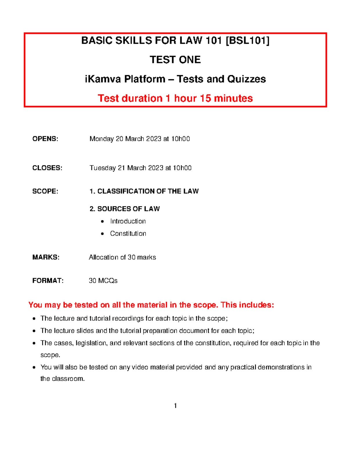 BSL101 Test One: Guidelines & Scope Overview for Assessment - Studocu
