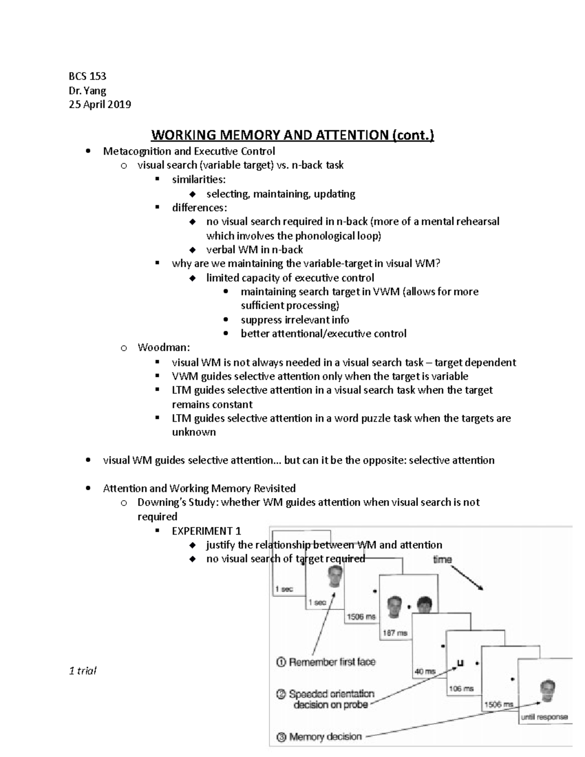 Working Memory and Attention cont - BCS 153 Dr. Yang 25 April 2019 ...