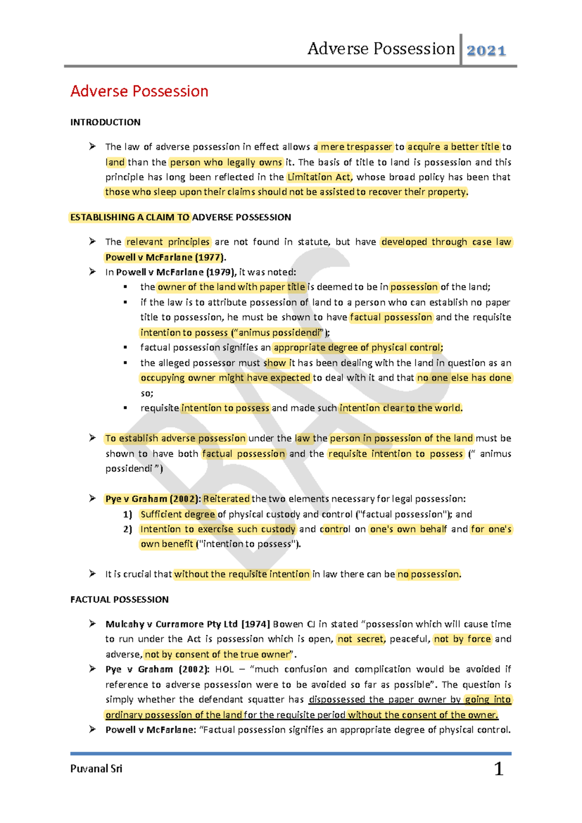 Adverse Possession Law - Key Principles and Case Law Notes - Studocu