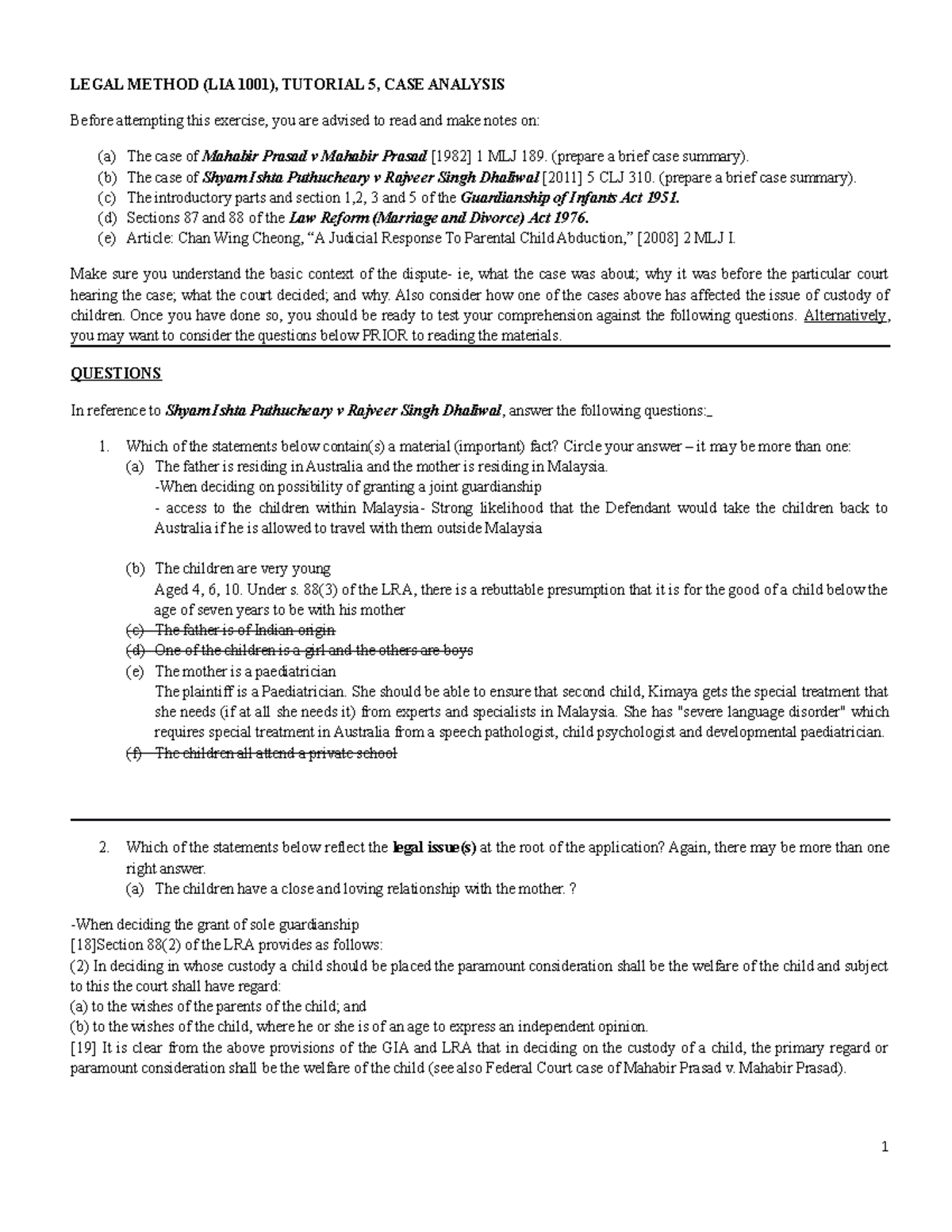 LIA 1001 Tutorial 5: In-Depth Case Analysis & Legal Principles - Studocu