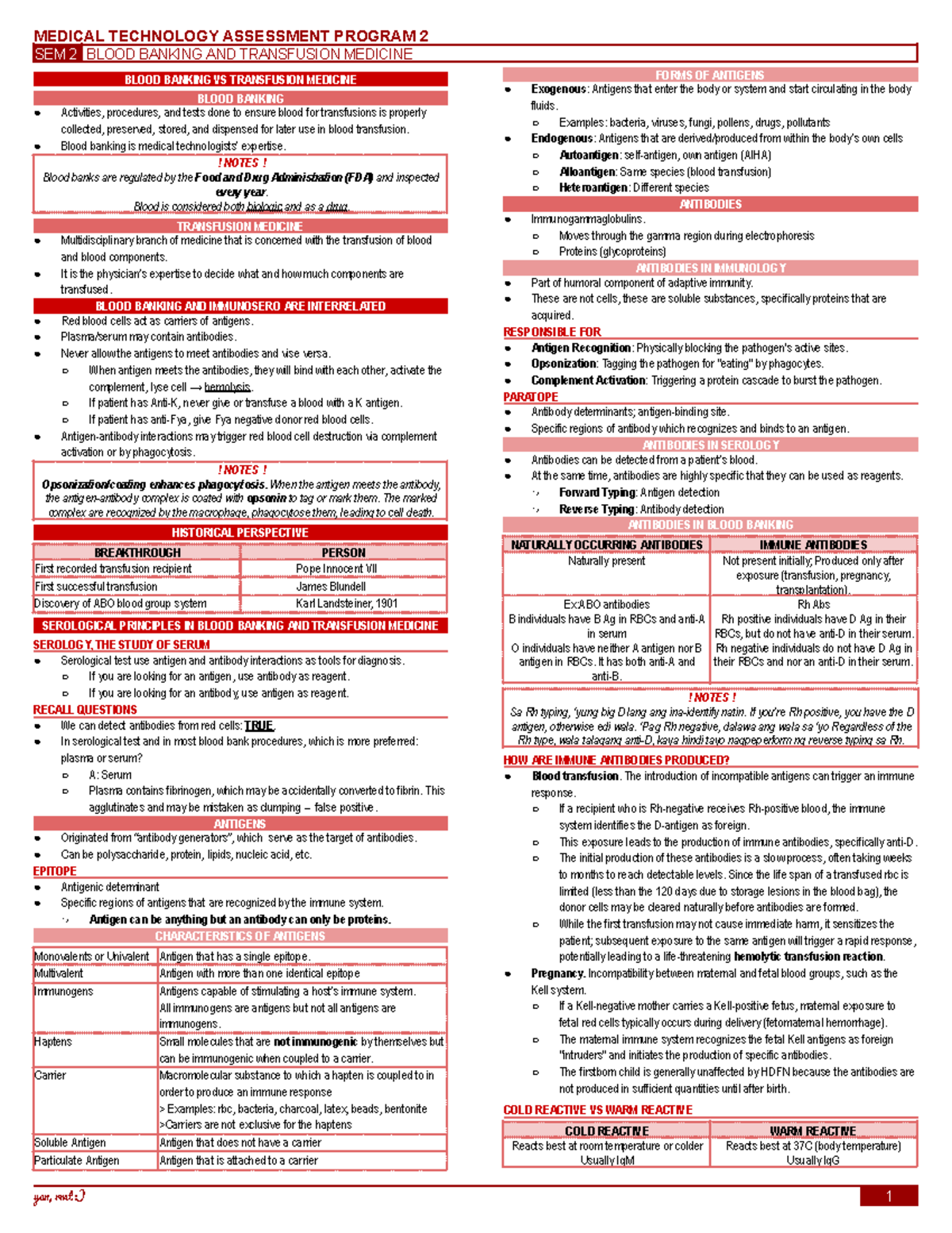 [MTAP 2] Blood Banking and Transfusion Medicine Overview Notes - Studocu