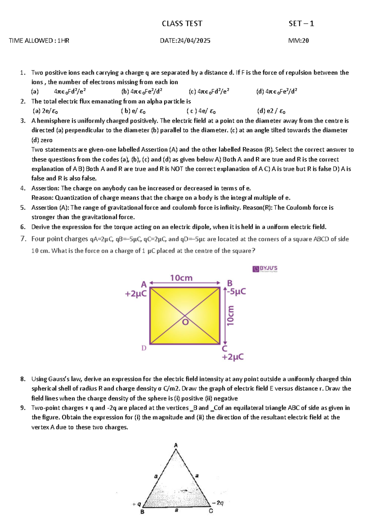 Chapter 1 - Class Test Set 1: Electric Forces & Fields (MM:20) - Studocu
