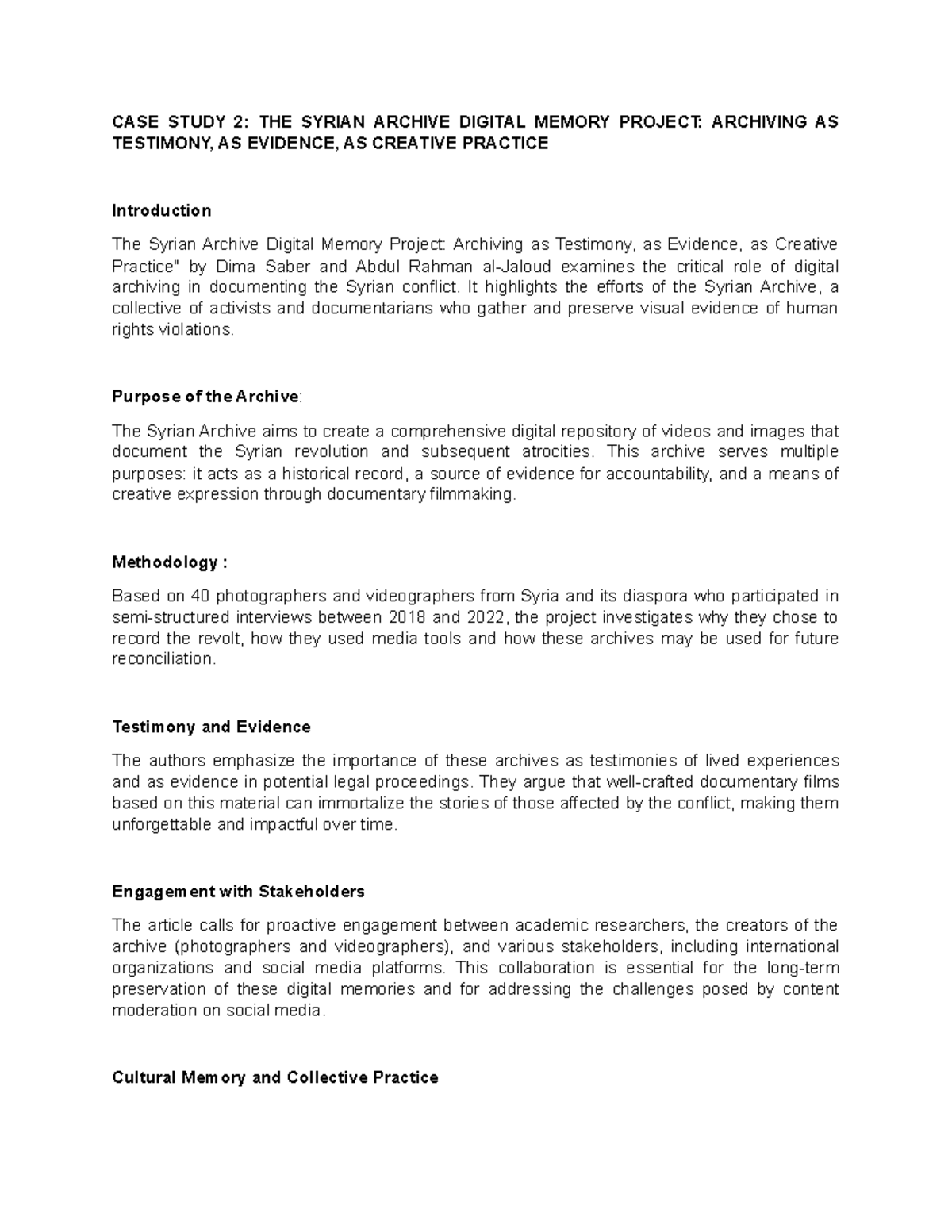 Case Study 2: The Syrian Archive Digital Memory Project Insights - Studocu