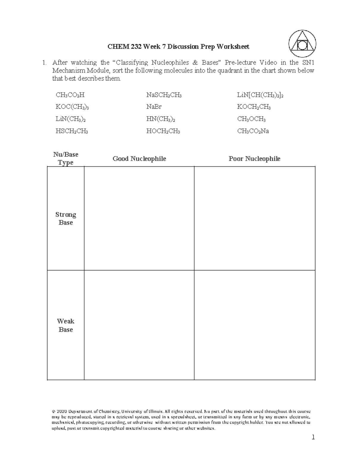 CHEM 232 Week 7 Nucleophiles Discussion Prep Worksheet - Studocu